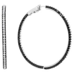 18K White Gold 3 1/4 Carat Black and White Diamond Inside-Outside Hoop Earrings