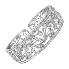 18K White Gold 3 1/4 cttw Diamond Openwork Filigree Swirl Bangle Cuff Bracelet