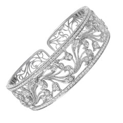 18K White Gold 3 1/4 cttw Diamond Openwork Filigree Swirl Bangle Cuff Bracelet