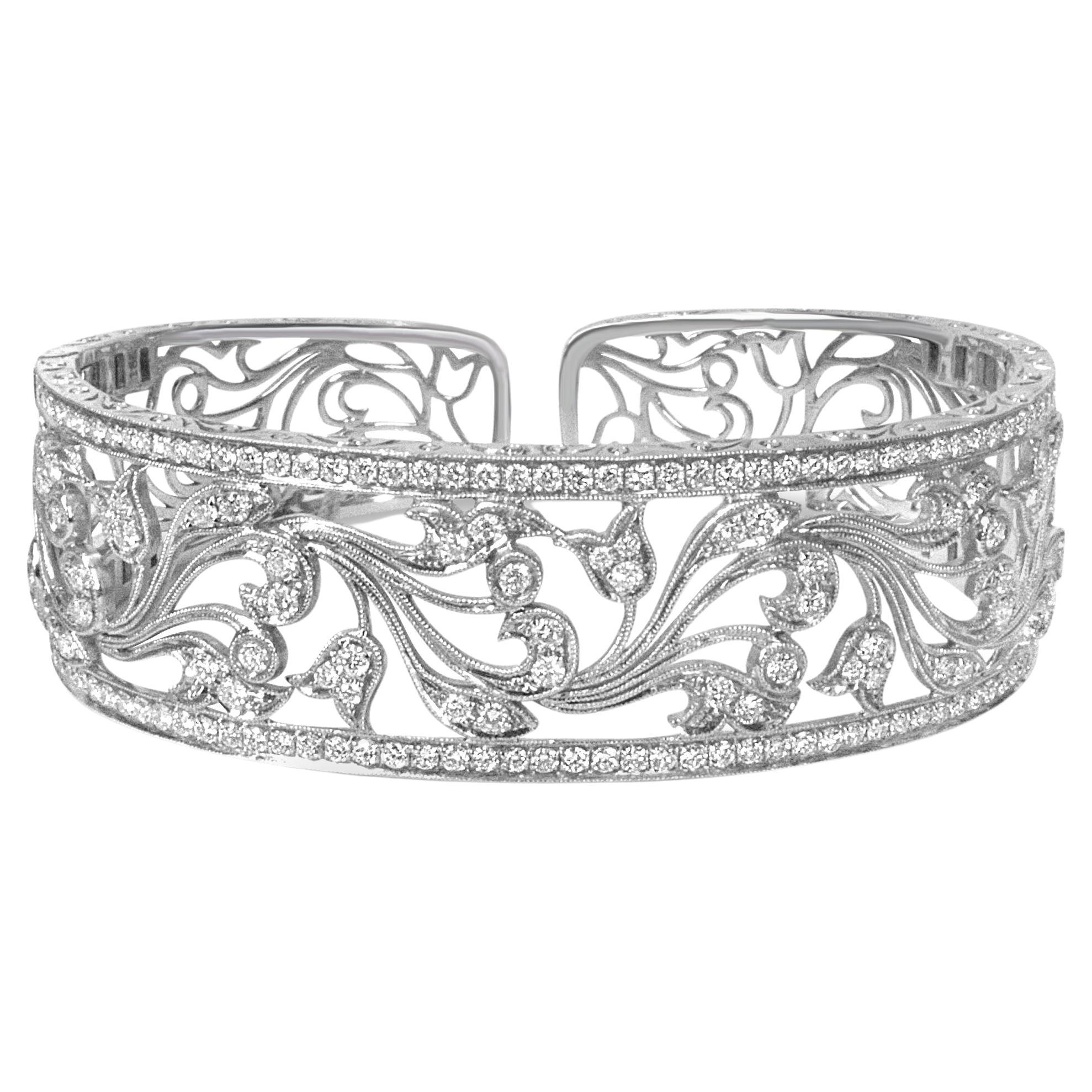 18K White Gold 3 1/4 cttw Diamond Openwork Filigree Swirl Bangle Cuff Bracelet For Sale