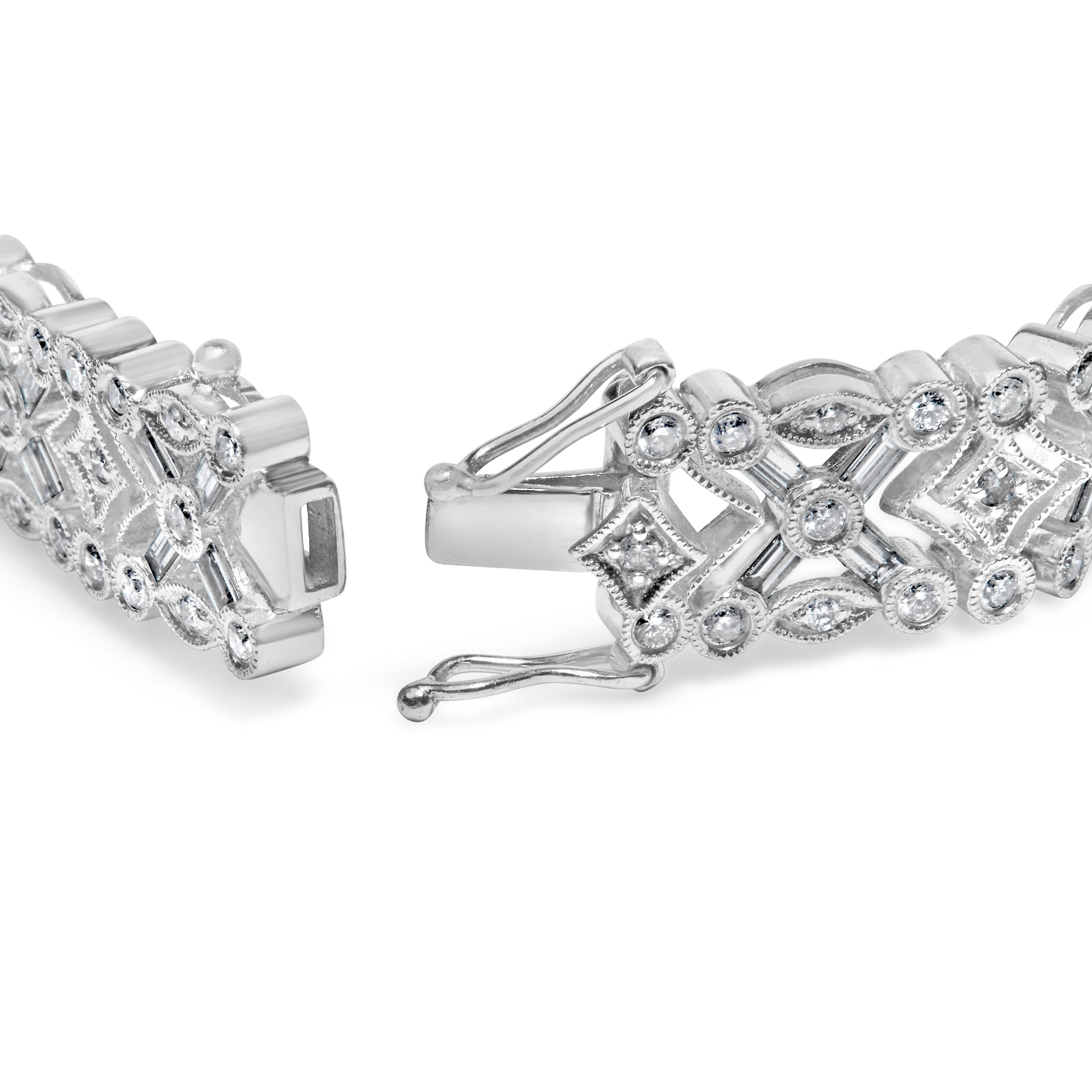 Indulge in the opulence of yesteryear with this exquisite 18k white gold bracelet, a masterpiece that evokes the grandeur of the Art Deco era. Plated with radiant rhodium, this piece boasts a sleek 7-inch design, tailored to grace your wrist with