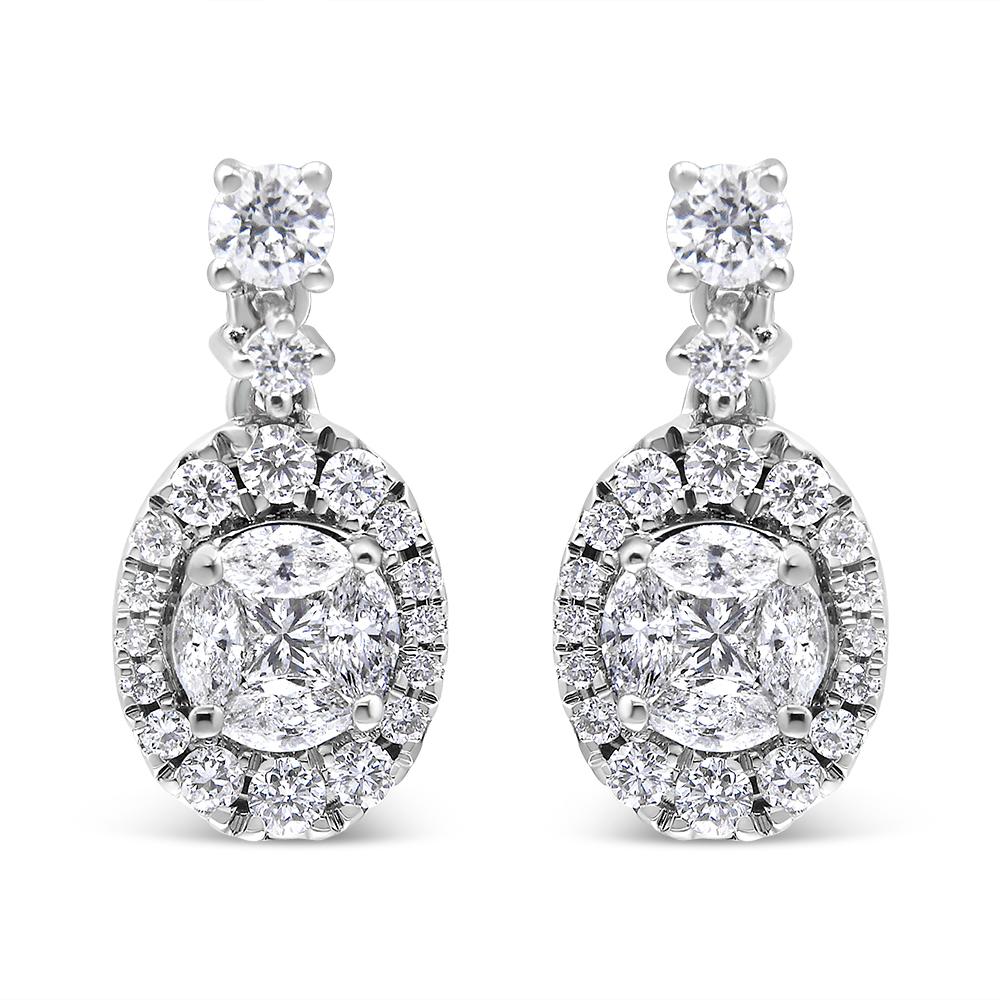 Take your evening attire from ready to resplendent with these gorgeous diamond drop earrings. Crafted in cool 18K white gold, each exquisite dangle features an oval-shaped composite of shimmering diamonds. Each dangle features 4 marquise shaped