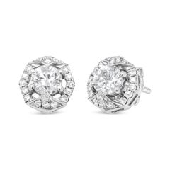 18K White Gold 3/4 Carat Round Diamond Openwork Hexagonal Halo Stud Earrings