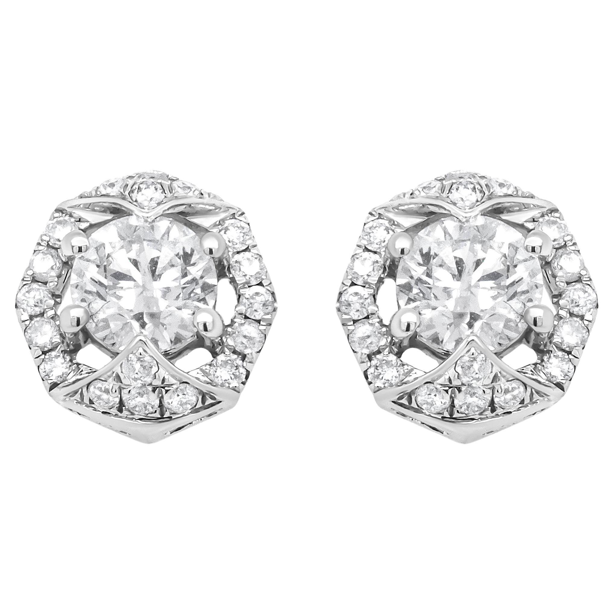 18K White Gold 3/4 Carat Round Diamond Openwork Hexagonal Halo Stud Earrings