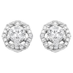 18K White Gold 3/4 Carat Round Diamond Openwork Hexagonal Halo Stud Earrings