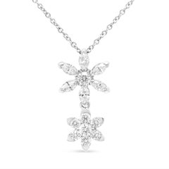18K White Gold 3/4 Carat Round & Marquise Diamond Double Flower Pendant Necklace