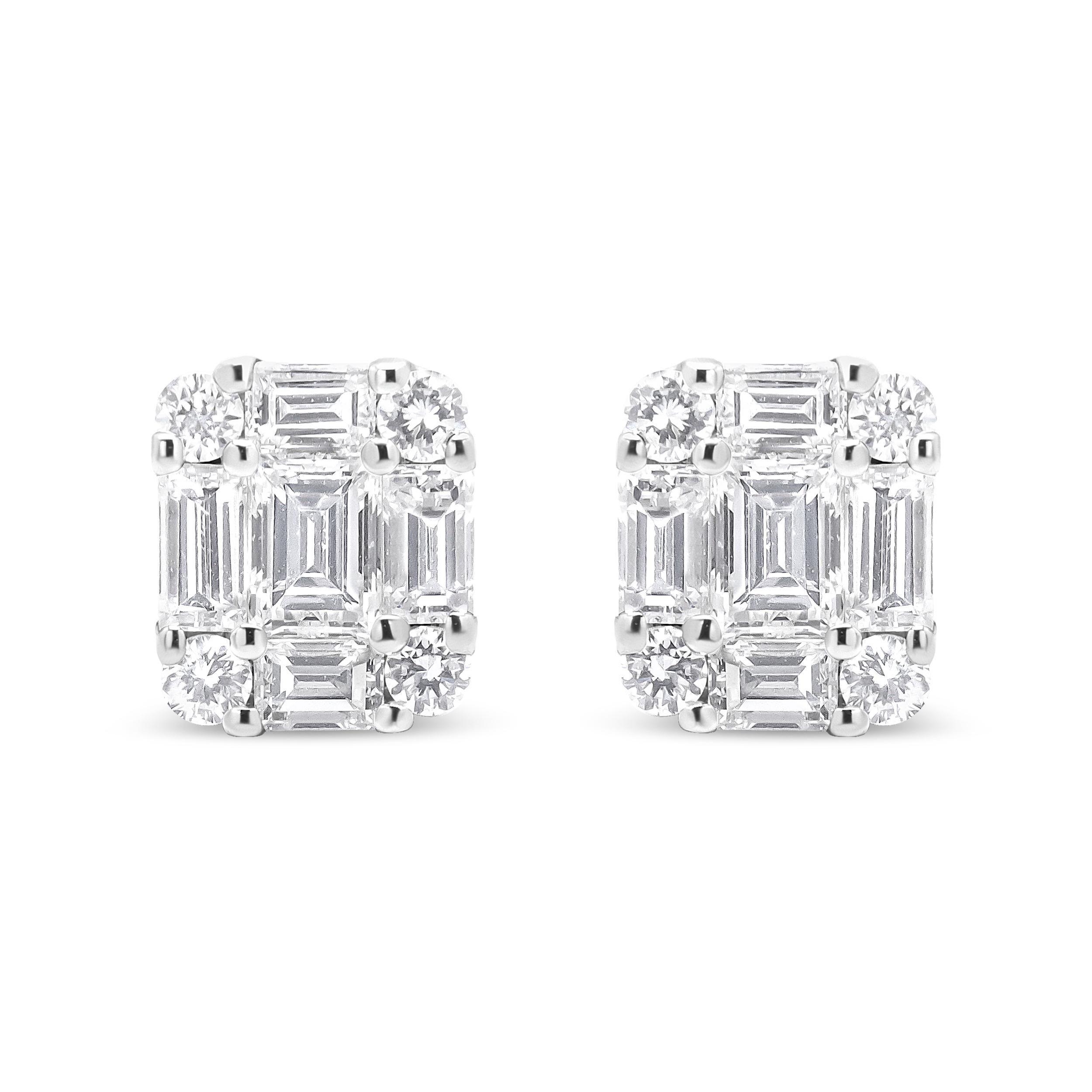 Unique in a scintillating design, these diamond cluster earrings are enhanced with special details that make them quite the fashion statement. This pair features a bold, geometric silhouette comprised of round and emerald-cut diamonds in an