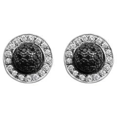 18K White Gold 3/4 Cttw Black and White Diamond Dome and Halo Stud Earrings