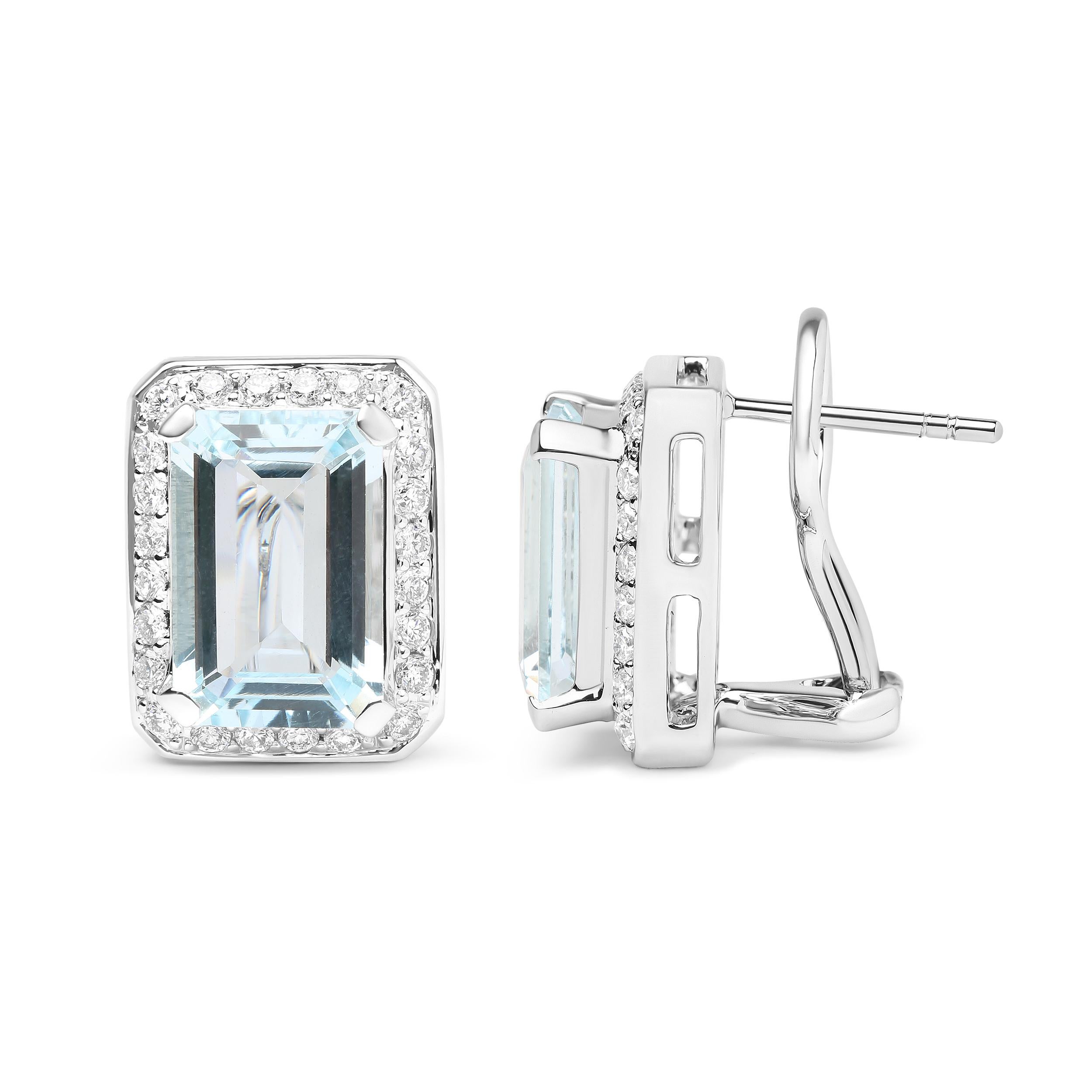 Contemporary 18K White Gold 3/4 Cttw Diamond and Blue Aquamarine Gemstone Halo Stud Earrings  For Sale