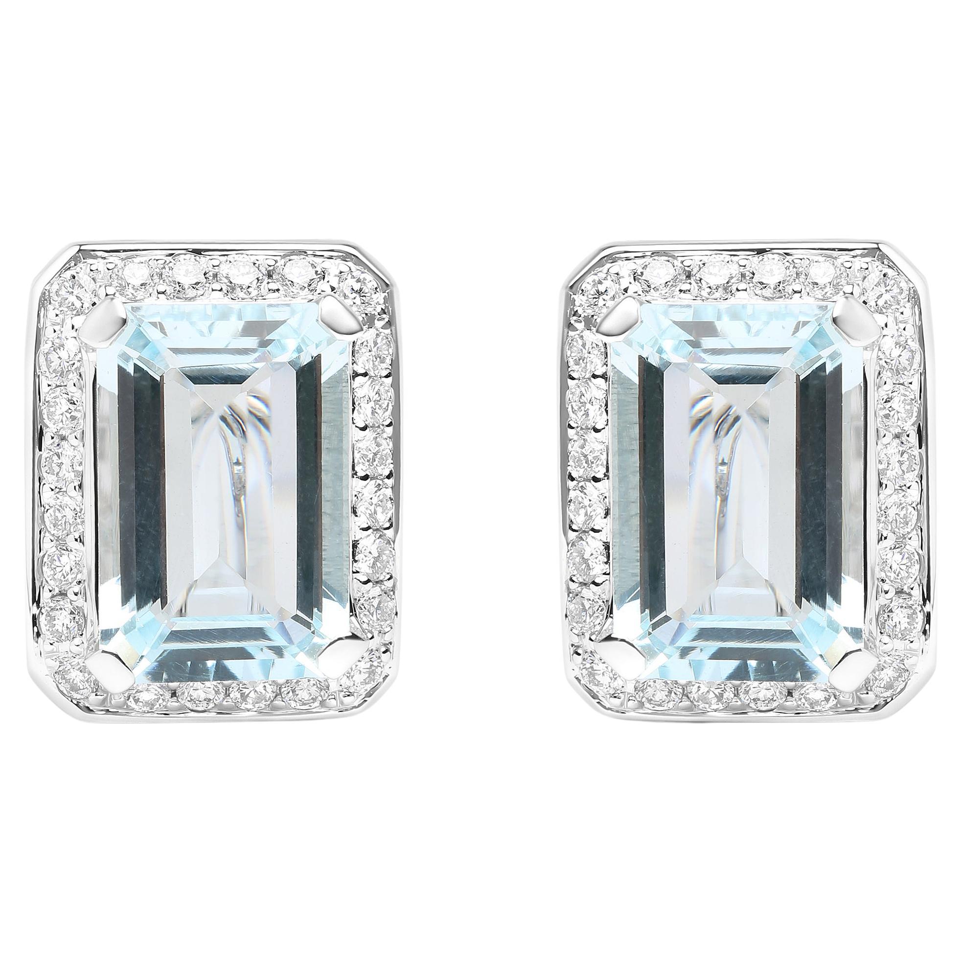 Clous d'oreilles en or blanc 18 carats avec halo de diamants 3/4 carat et aigue-marine bleue 