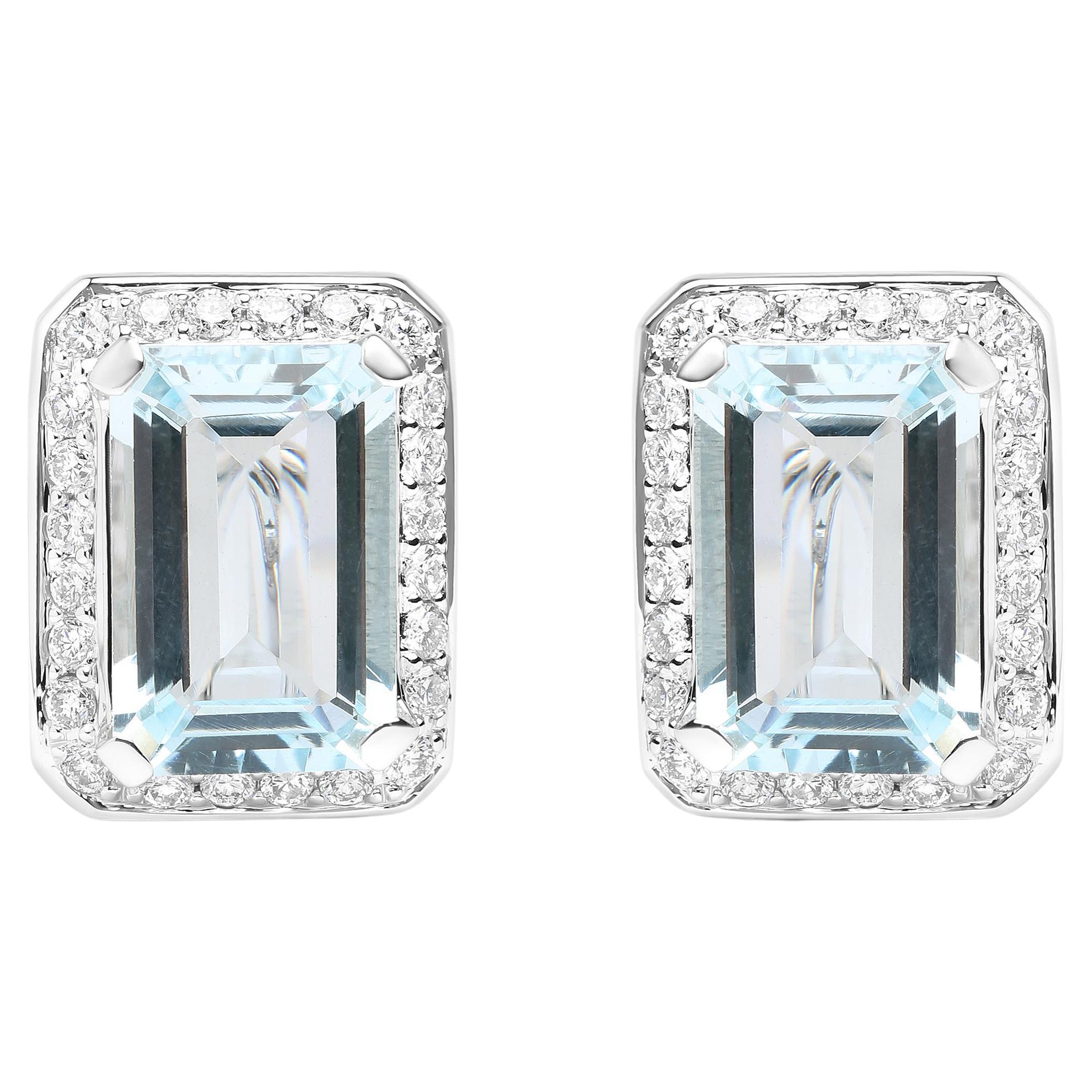 18K White Gold 3/4 Cttw Diamond and Blue Aquamarine Gemstone Halo Stud Earrings 