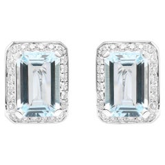 18K White Gold 3/4 Cttw Diamond and Blue Aquamarine Gemstone Halo Stud Earrings 