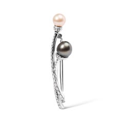 18K White Gold 3/5ct Diamond & Cultured South Sea Black & White Pearl Brooch Pin