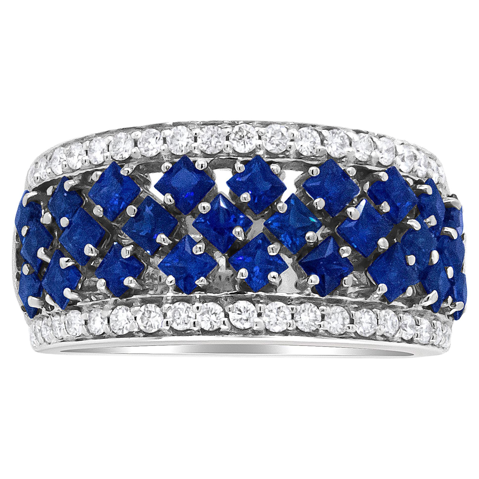 18K White Gold 3/8 Carat Diamond and Blue Sapphire Fashion Band Ring For Sale