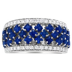 18K White Gold 3/8 Carat Diamond and Blue Sapphire Fashion Band Ring