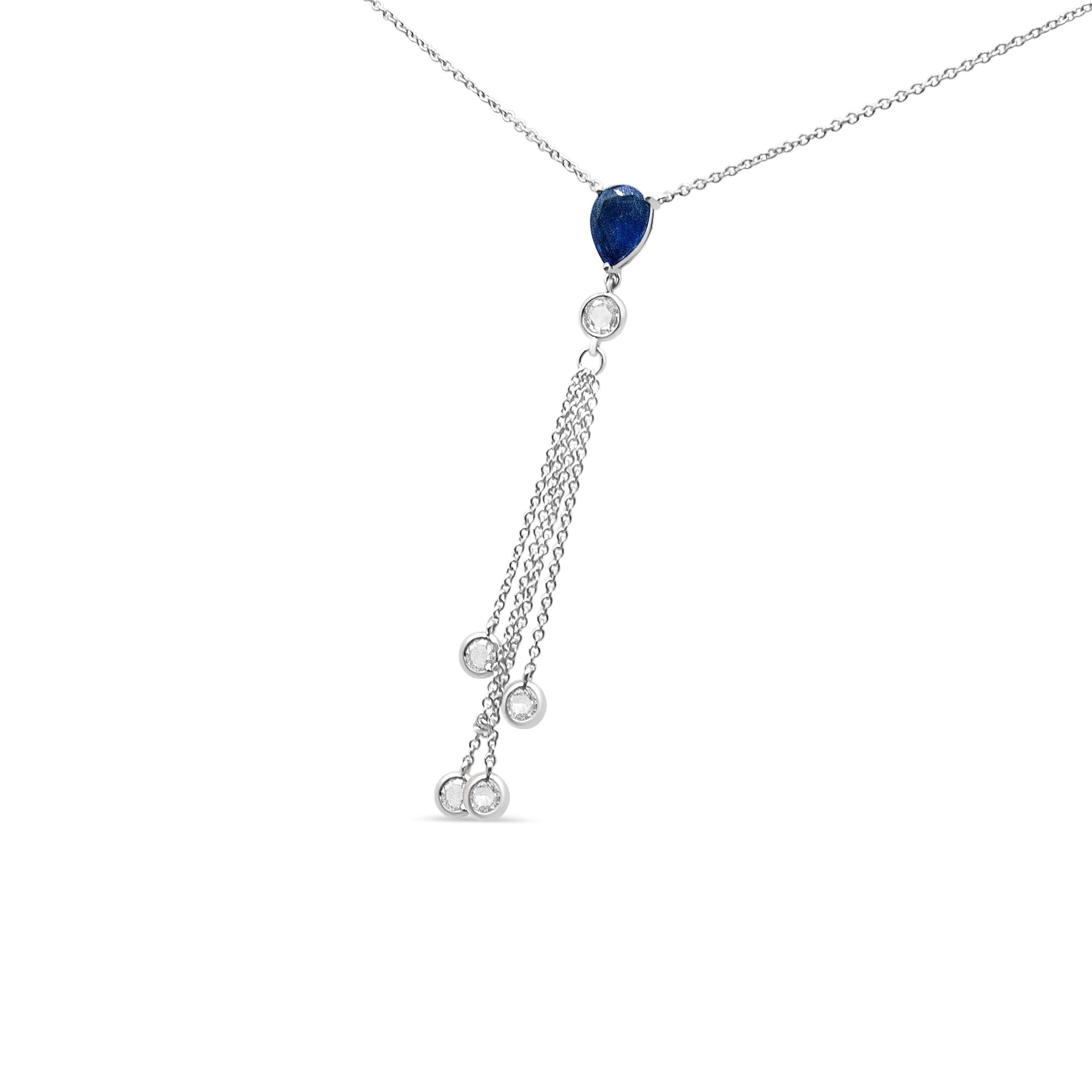 This diamond and gemstone necklace radiates elegance with sophistication crafted of genuine 18k white gold. A natural 8x6mm pear-shaped color-treated blue sapphire emits a brilliant sparkle with a single bezel-set round diamond below. A waterfall of