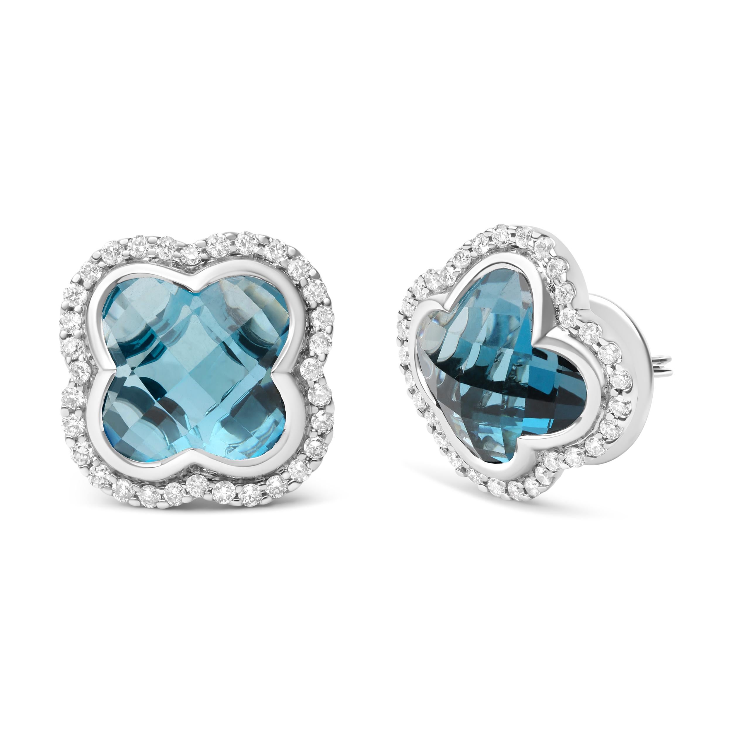 You will flip for these studs cast in genuine 18k white gold in a luck-bringing clover motif. The 11x11mm clover-cut London blue topaz gemstones in a stone-enhancing invisible setting. This natural gemstone is electrifying in a checkerboard cut that