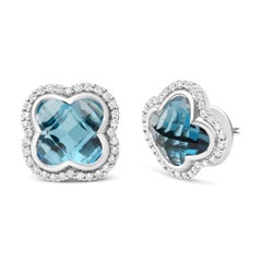 18K White Gold 3/8 Carat Diamond and Blue Topaz Gemstone Halo Stud Earrings
