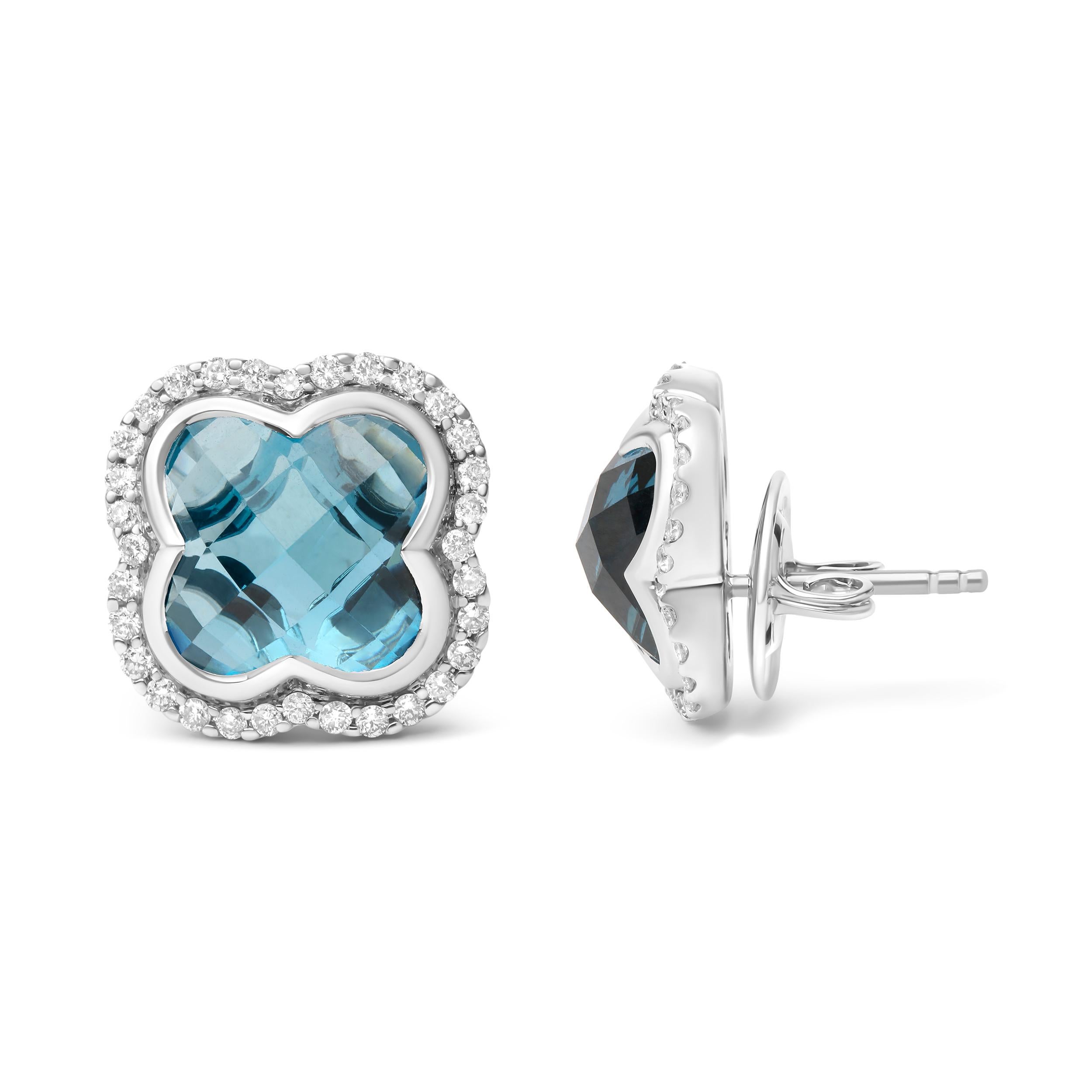 Contemporary 18K White Gold 3/8 Carat Diamond and Blue Topaz Gemstone Halo Stud Earrings For Sale