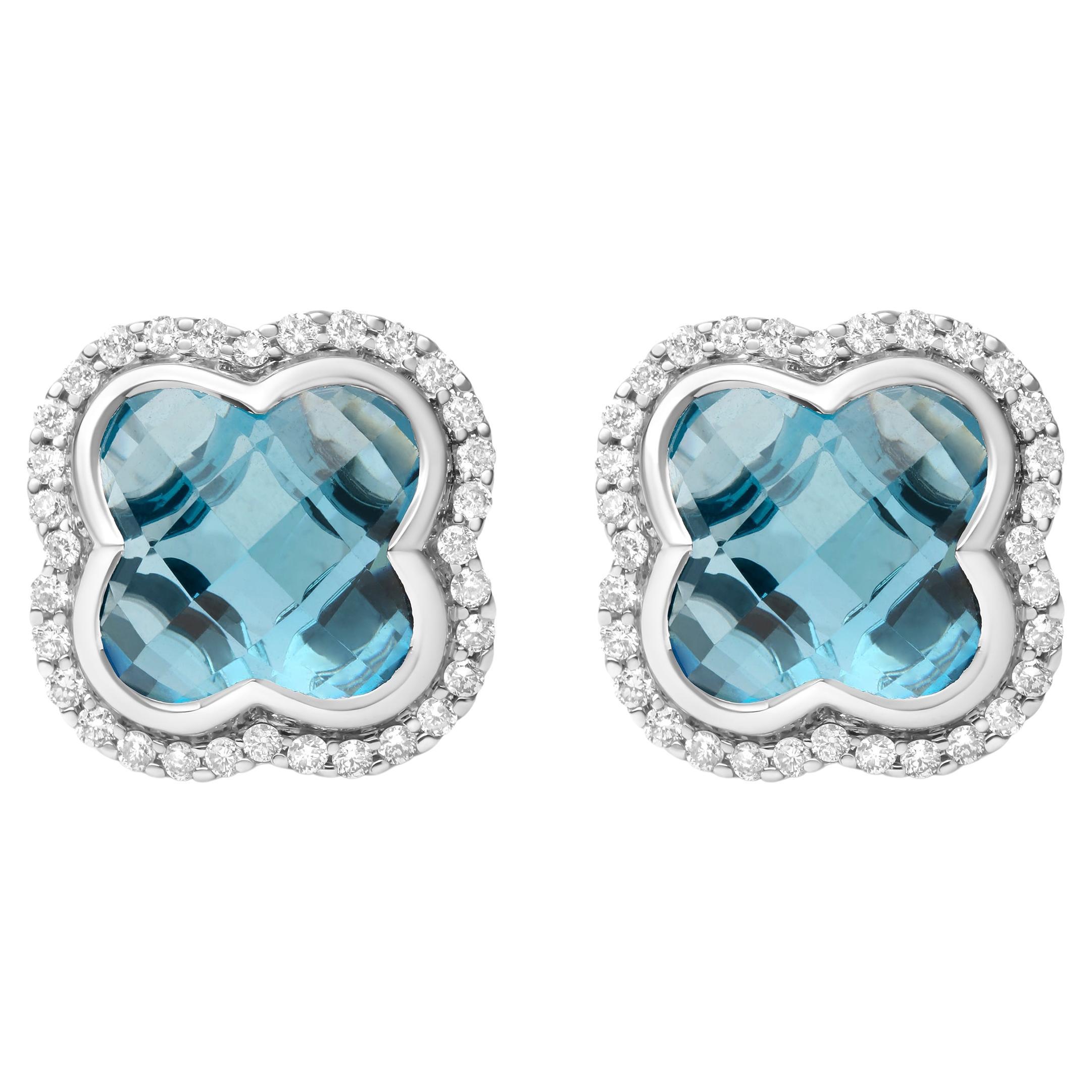 18K White Gold 3/8 Carat Diamond and Blue Topaz Gemstone Halo Stud Earrings For Sale