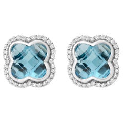18K White Gold 3/8 Carat Diamond and Blue Topaz Gemstone Halo Stud Earrings