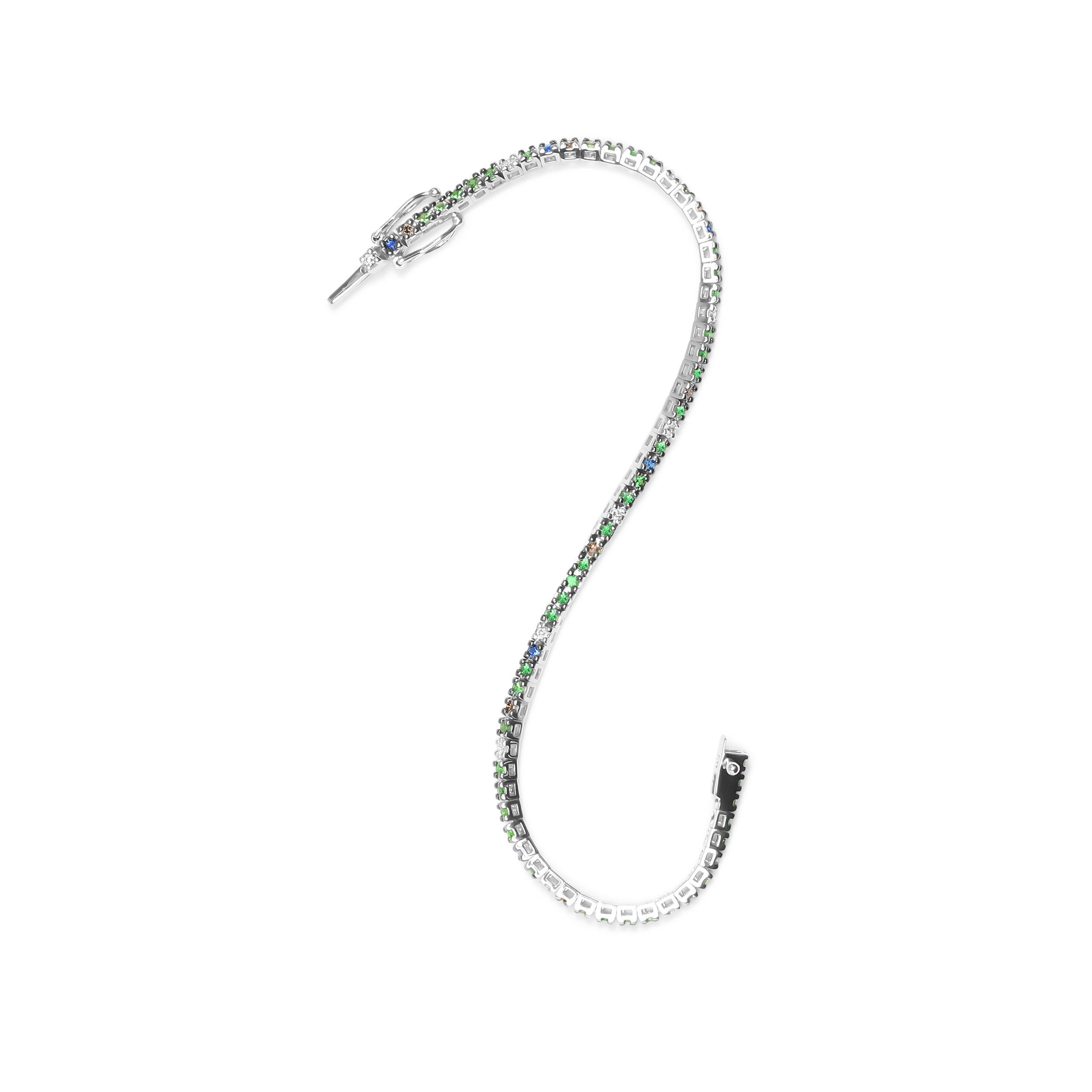 Round Cut 18K White Gold 3/8 Ct Diamond with Sapphire & Tsavorite Gemstone Tennis Bracelet For Sale