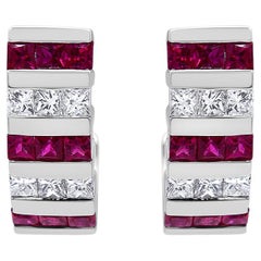 18K White Gold 3/8 Cttw Princess Cut Alternating Red Ruby & Diamond Hoop Earring