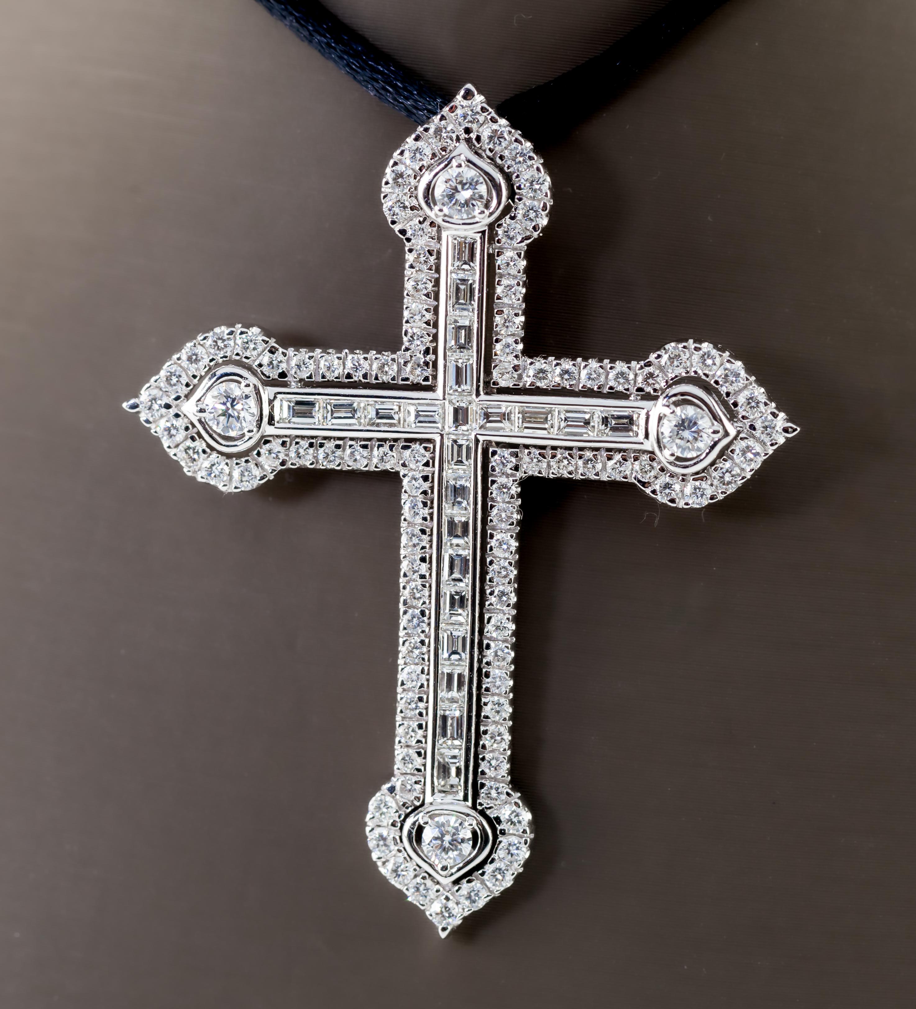 Modern 18k White Gold 3 Carat Diamond Cross Pendant on Black Silk Cord For Sale