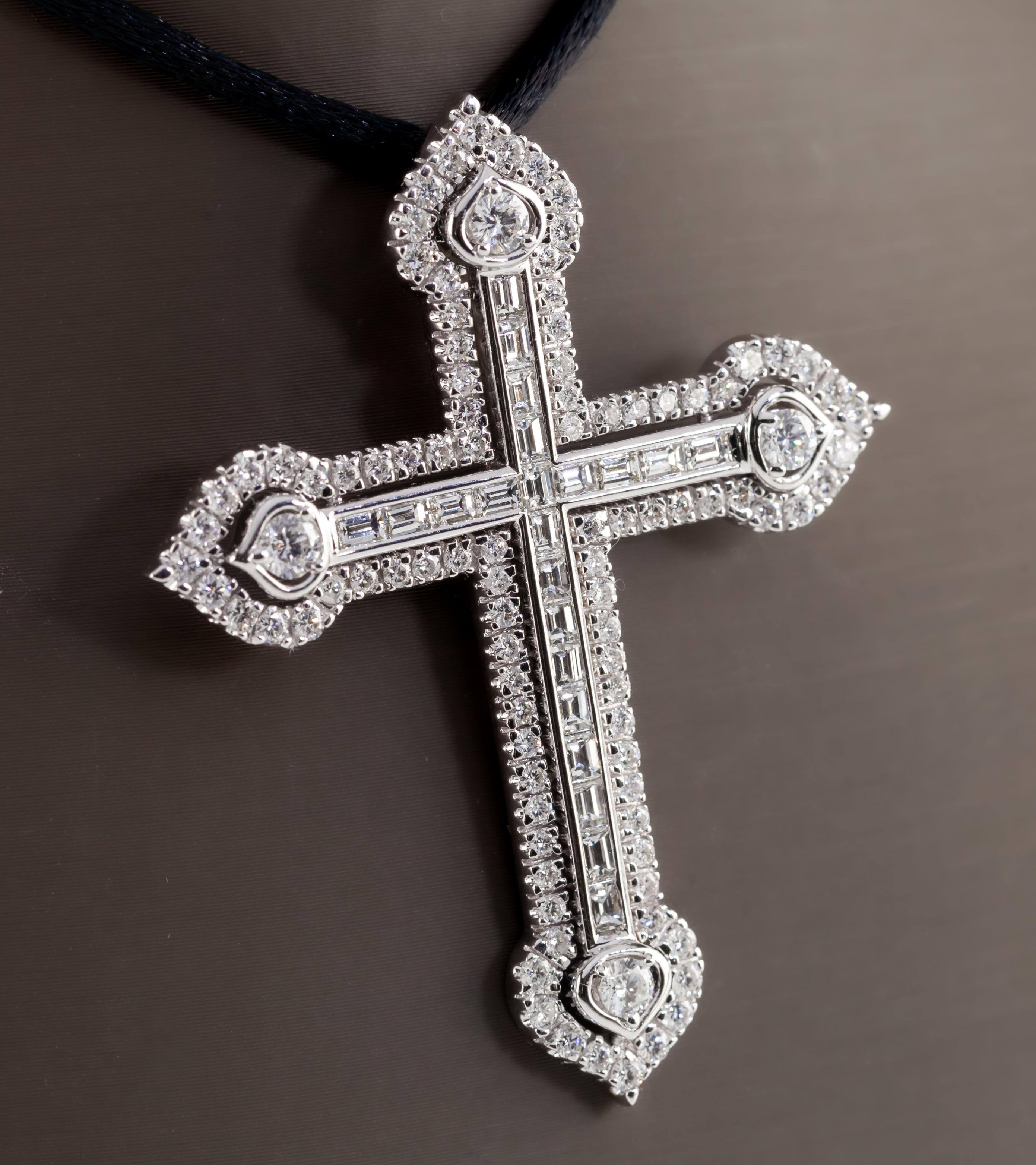 Baguette Cut 18k White Gold 3 Carat Diamond Cross Pendant on Black Silk Cord For Sale