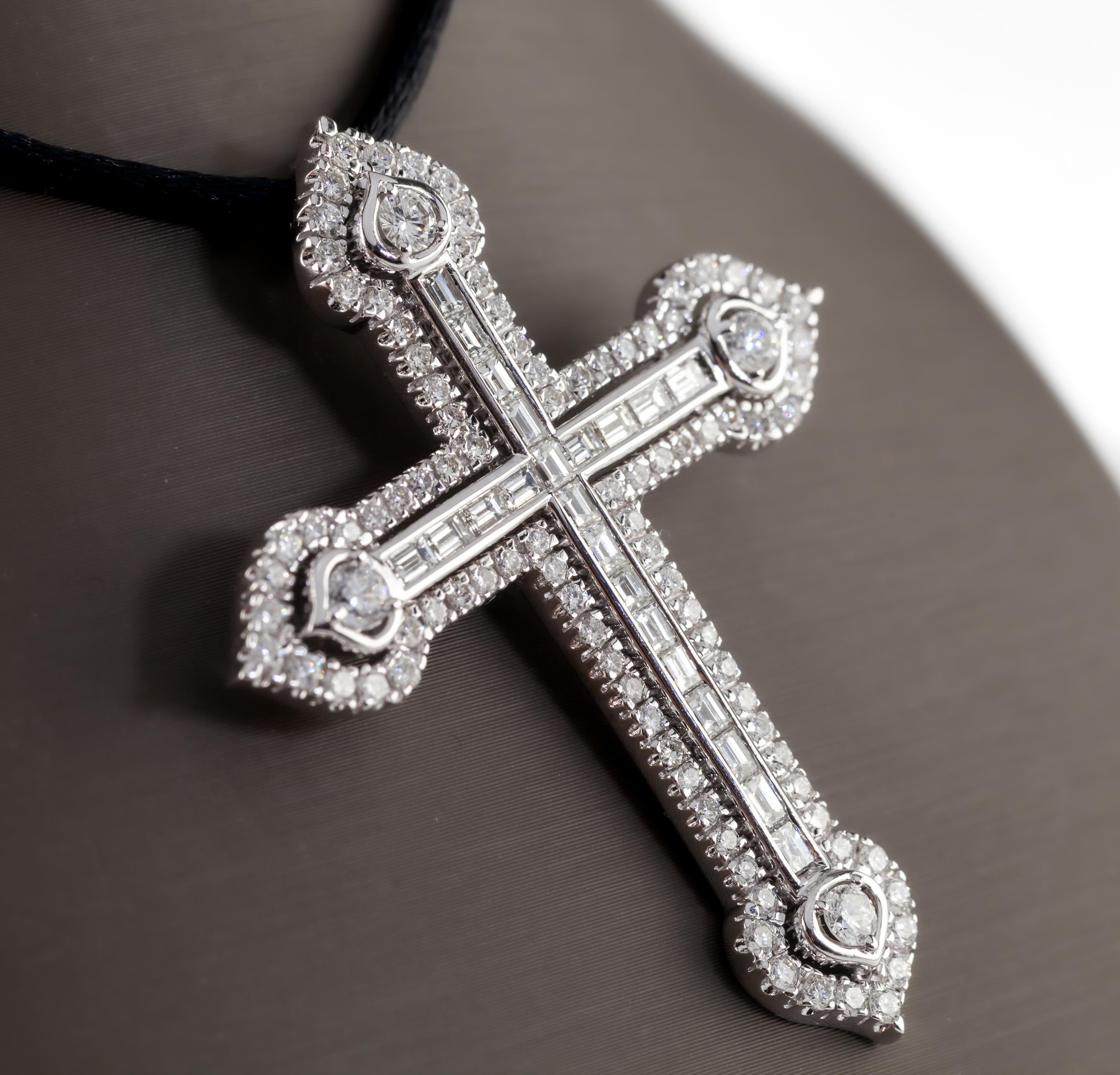 18k White Gold 3 Carat Diamond Cross Pendant on Black Silk Cord In Good Condition For Sale In Sherman Oaks, CA