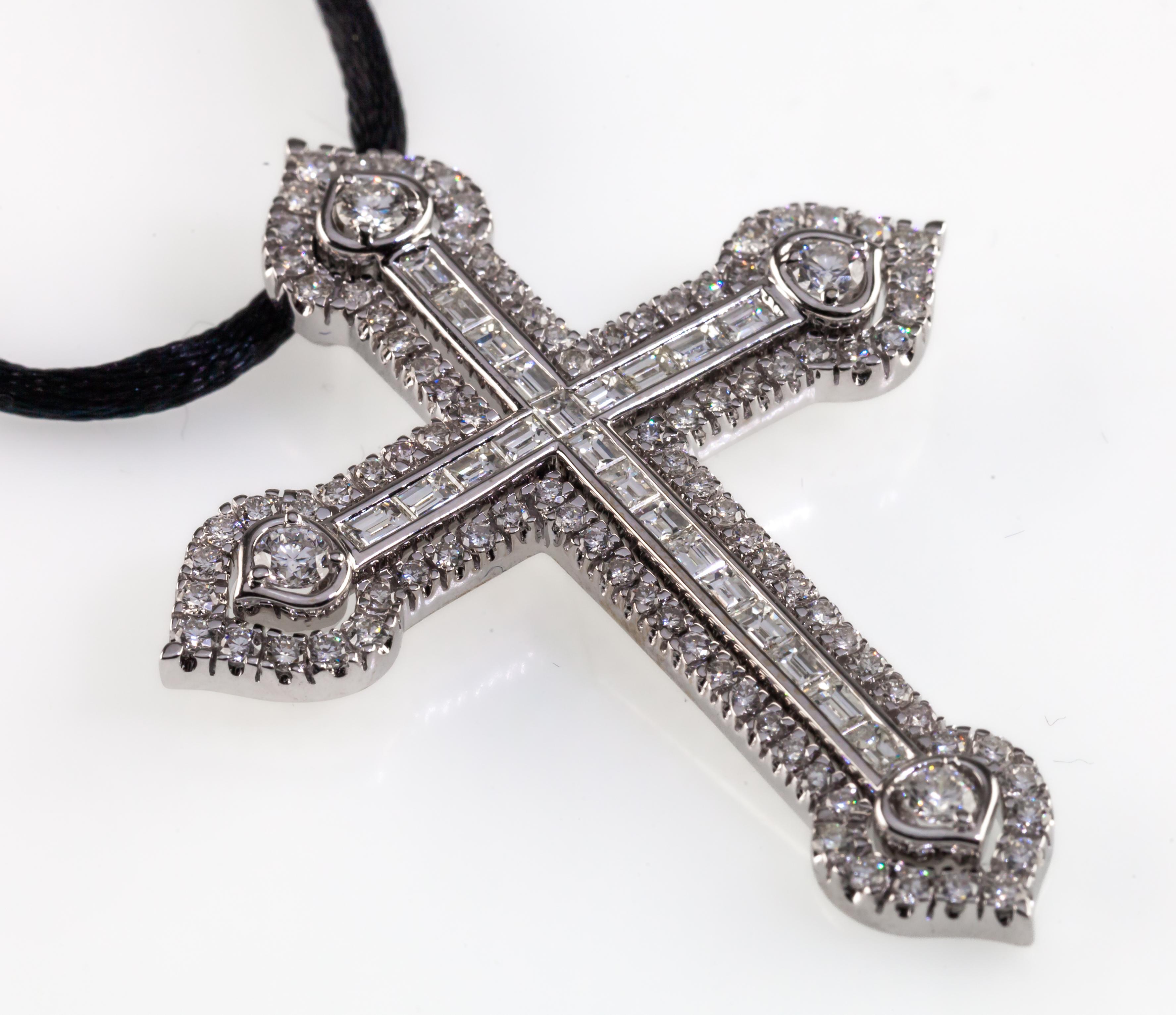 Women's or Men's 18k White Gold 3 Carat Diamond Cross Pendant on Black Silk Cord For Sale