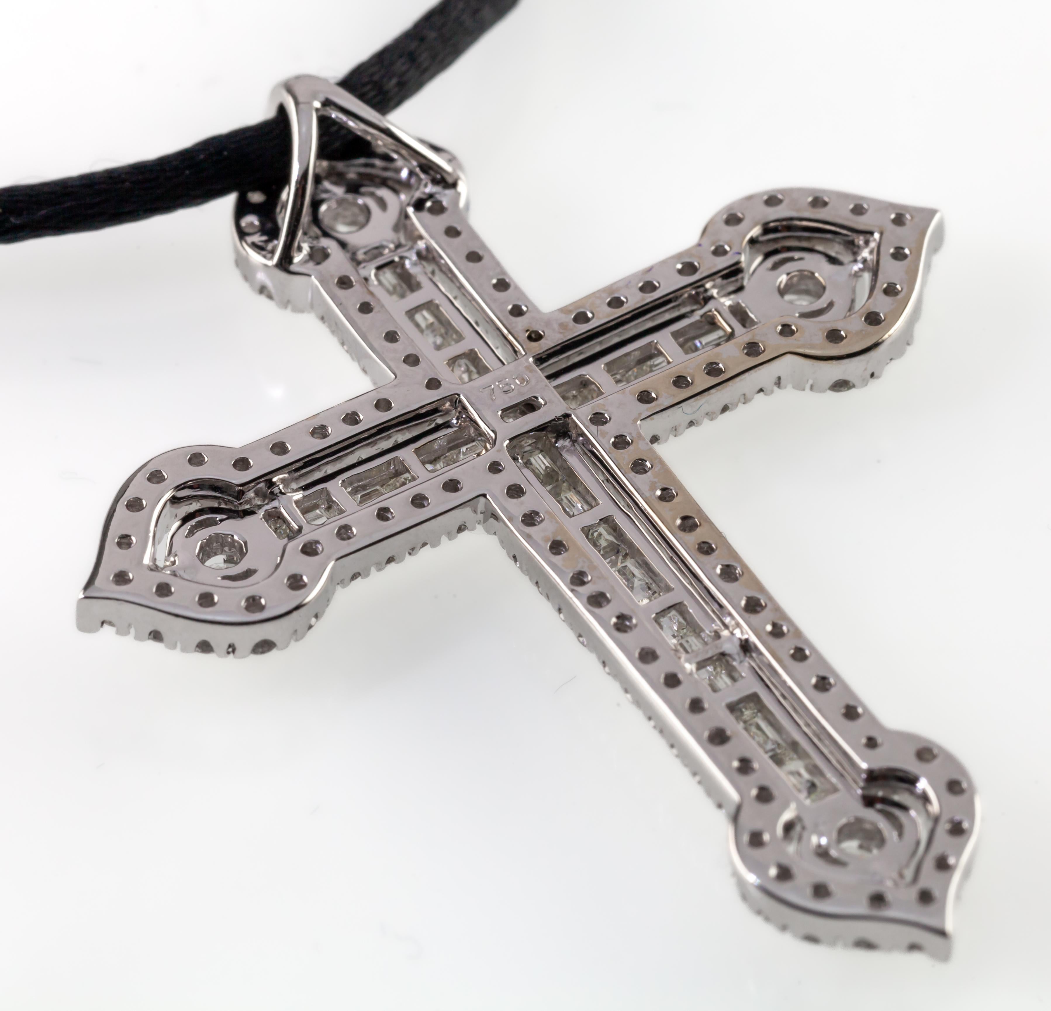 18k White Gold 3 Carat Diamond Cross Pendant on Black Silk Cord For Sale 1