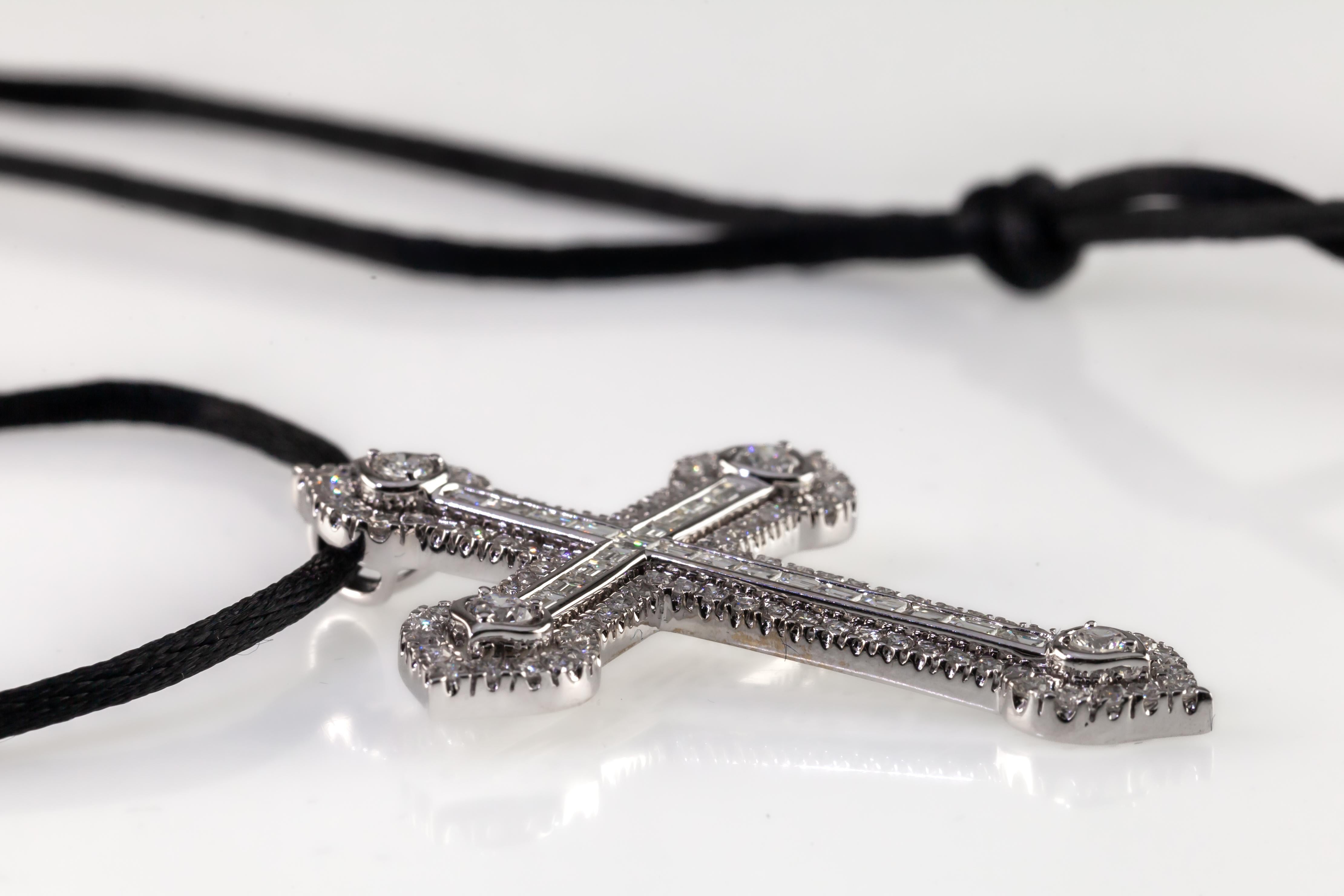 18k White Gold 3 Carat Diamond Cross Pendant on Black Silk Cord For Sale 3