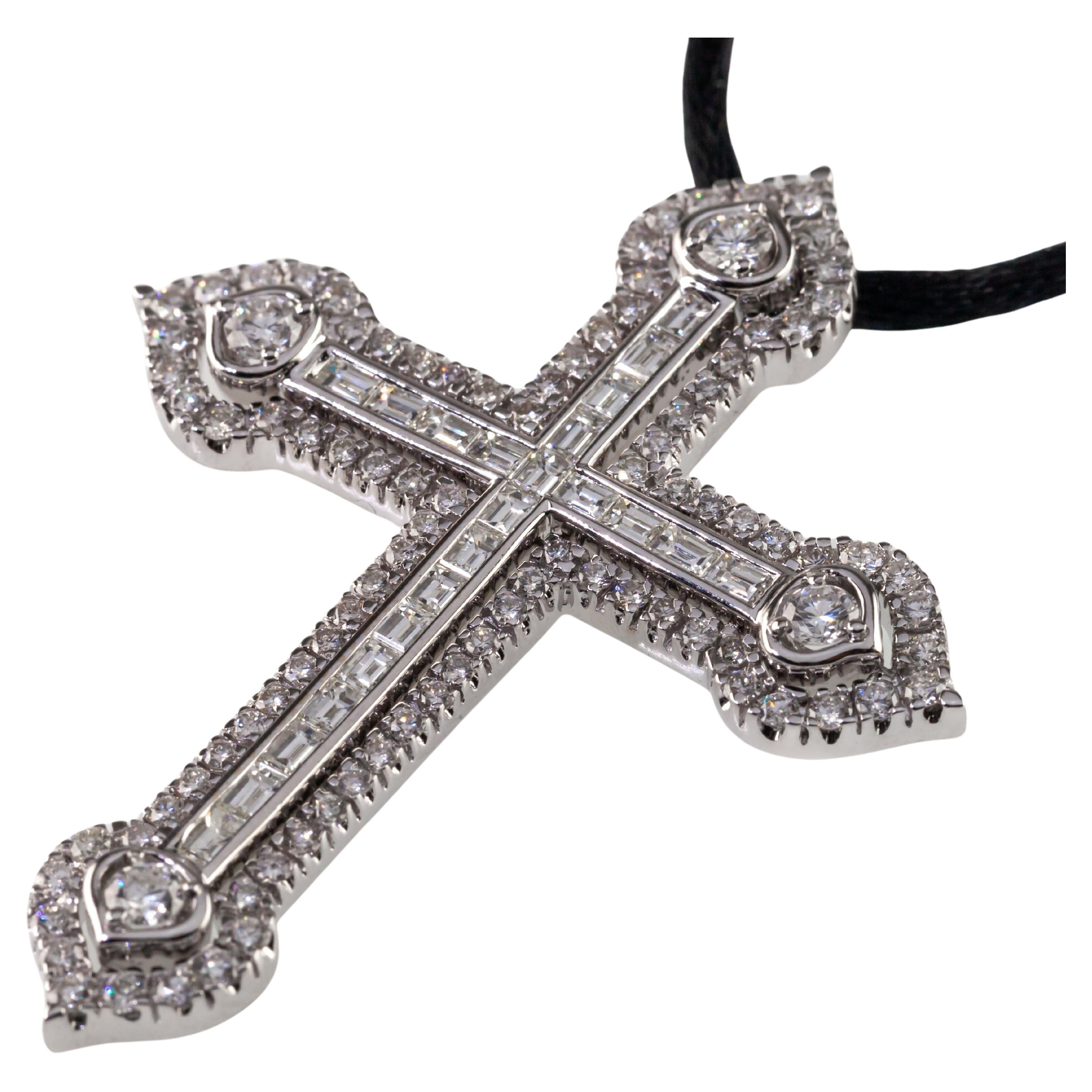 18k White Gold 3 Carat Diamond Cross Pendant on Black Silk Cord For Sale