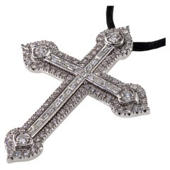 18k White Gold 3 Carat Diamond Cross Pendant on Black Silk Cord