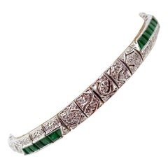 Vintage 18k White Gold 3 Carat Genuine Natural Emerald and Diamond Bracelet '#J3323'