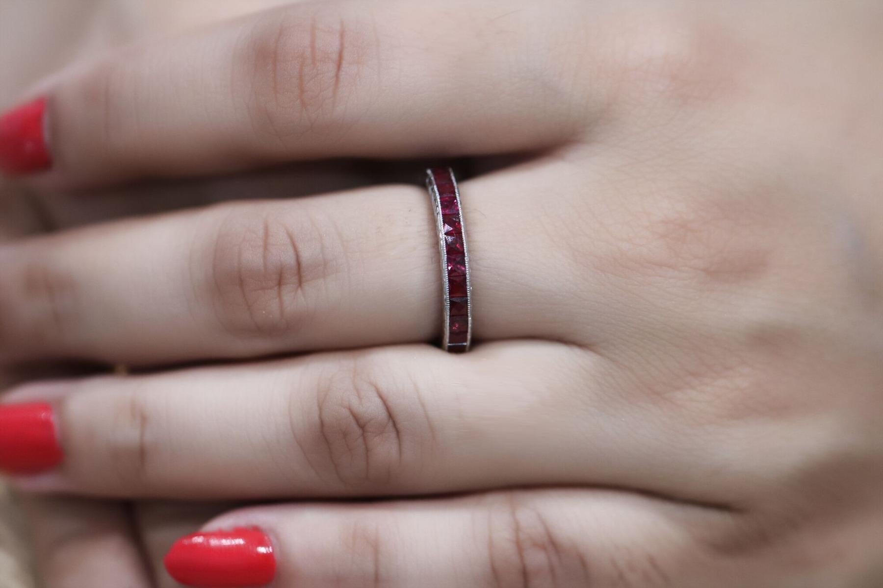 Art Deco at its best, using French calibre cut Precious Gemstones.

New World Technology meets Old World Styles!

Eternity Ring 

Metal: 18k White Gold

Condition: New

Ring Size: 6.5 

3 CT Ruby