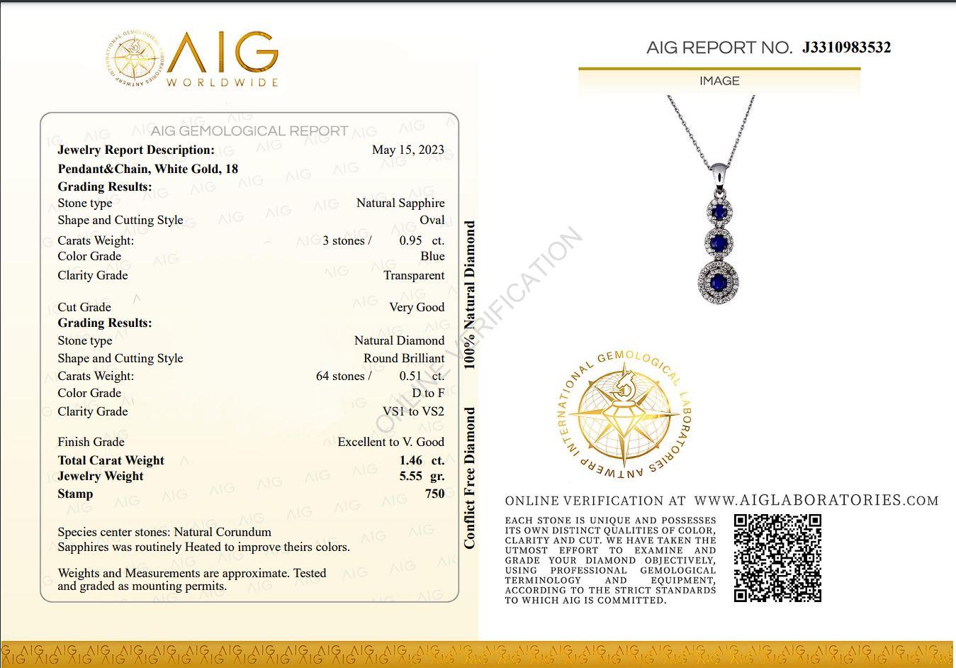 A beautiful necklace with pendant with a dazzling 0.95 carat oval natural natural sapphire. It has 0.51 carat of side diamonds which add more to its elegance. The jewelry is made of 18K White Gold with a high quality polish. It comes with AIG