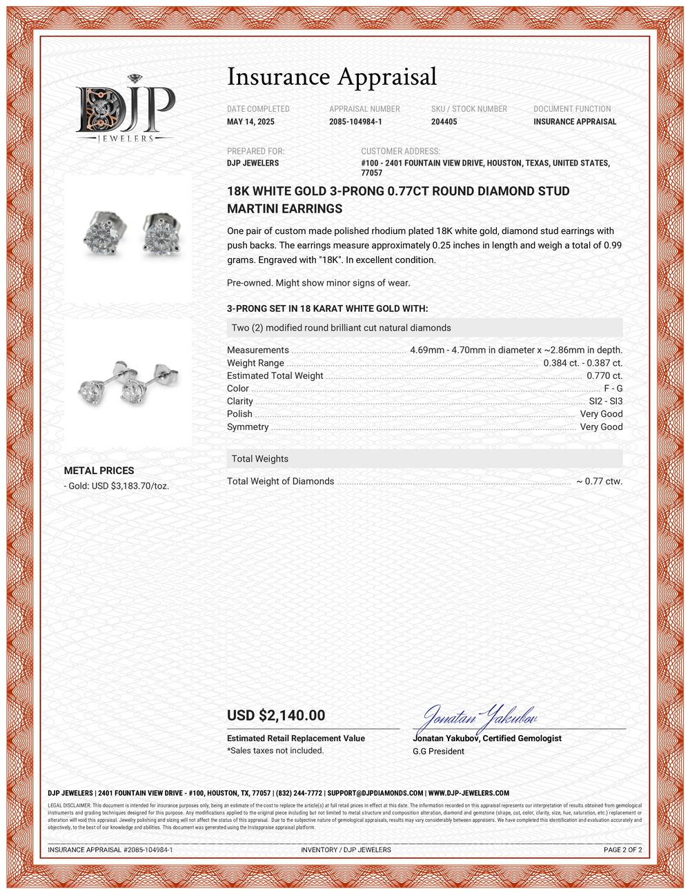 18 Karat Weißgold 3-Zinken 0,77 Karat runder Diamant-Ohrstecker Martini-Ohrstecker im Angebot 1
