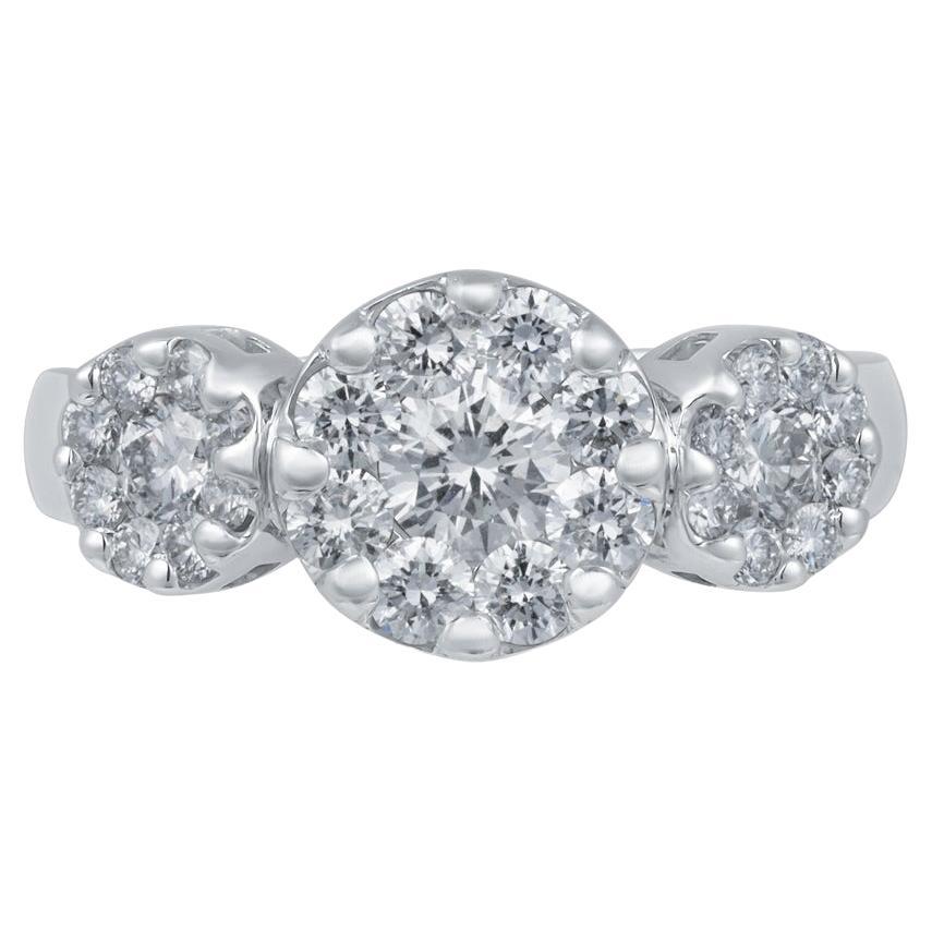 18K White Gold "3 Stone" Diamond Cluster Ring For Sale