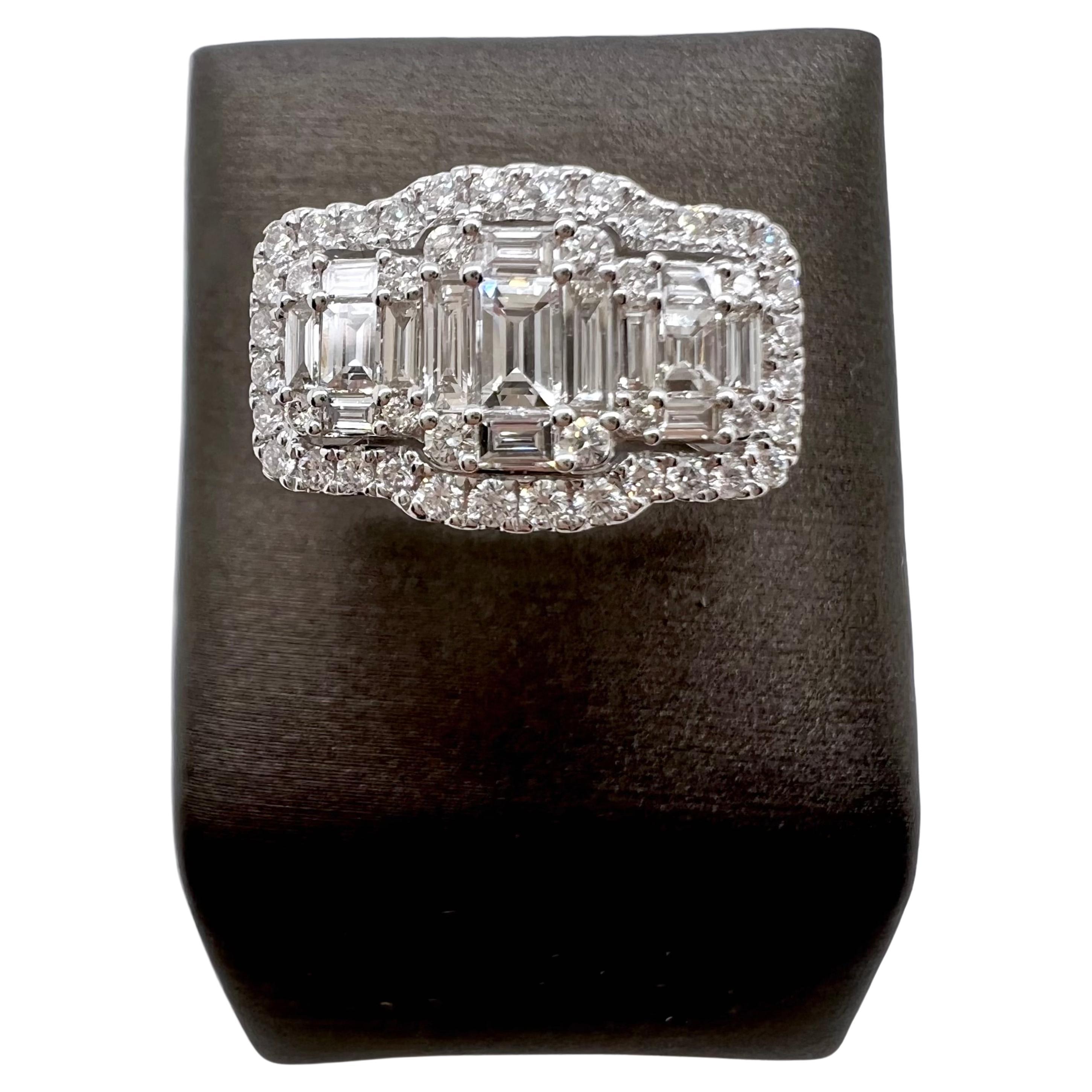 Baguette Cut 18k White Gold 3 Stones Illusion Set Diamond Ring For Sale