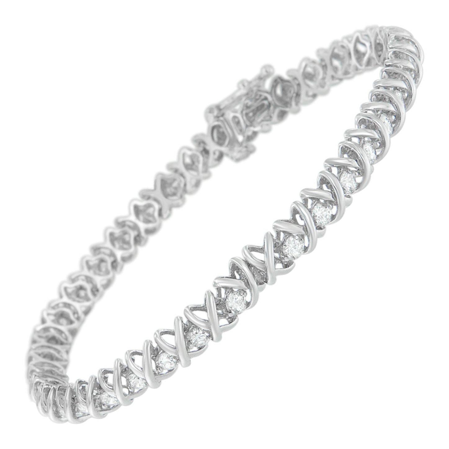 Bracelet tennis à maillons en forme de X en or blanc 18 carats avec diamants de 3,0 carats