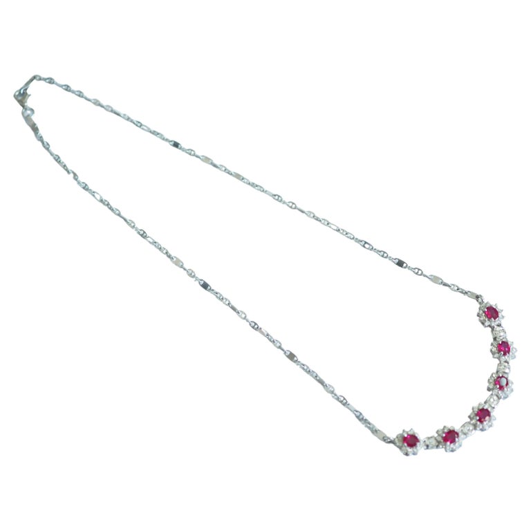 18K White Gold 3.05 Carat Intense Red Rubies Diamond Chain Necklace For