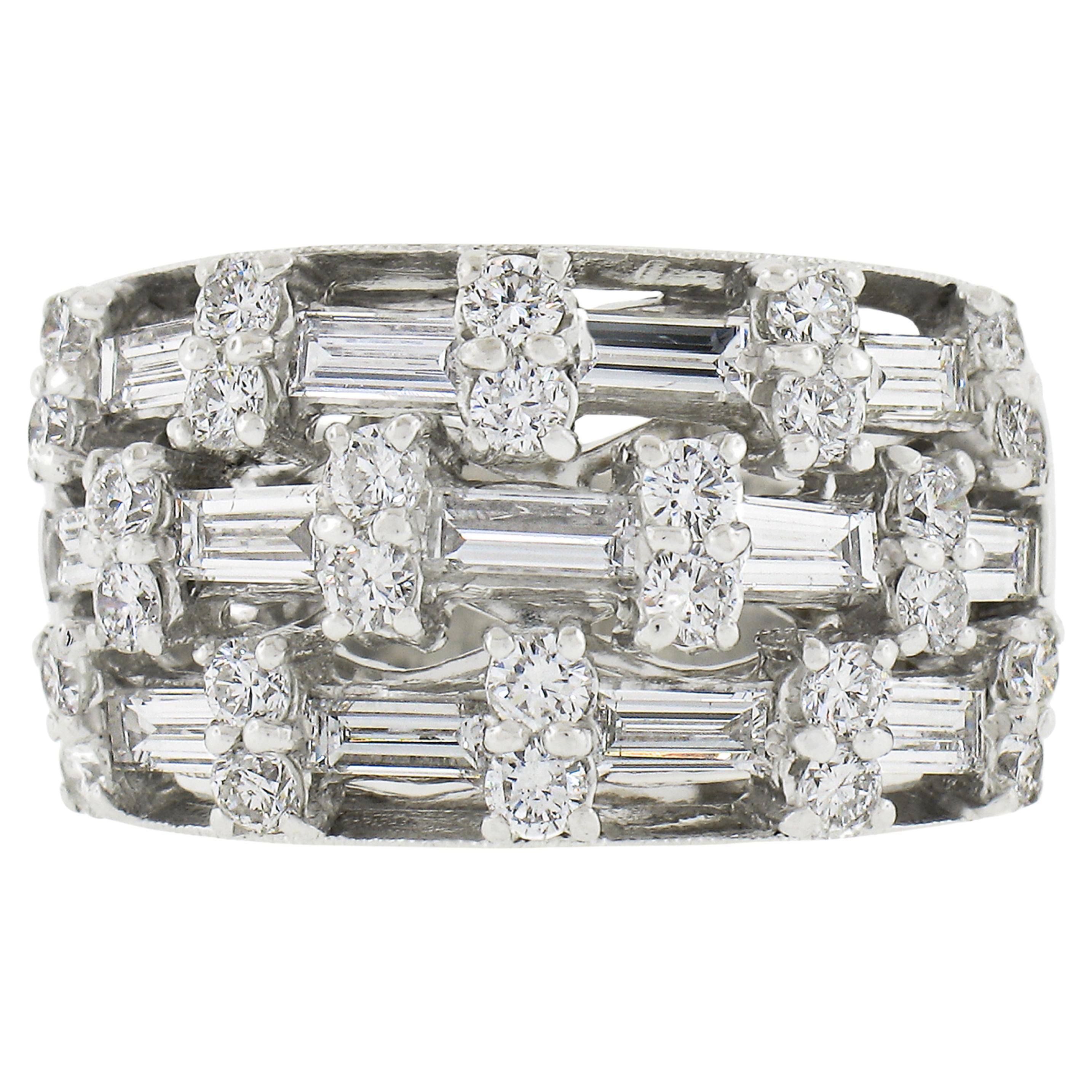 18K White Gold 3.07ct Channel Set Baguette & Round Diamond 13.1mm Wide Band Ring For Sale
