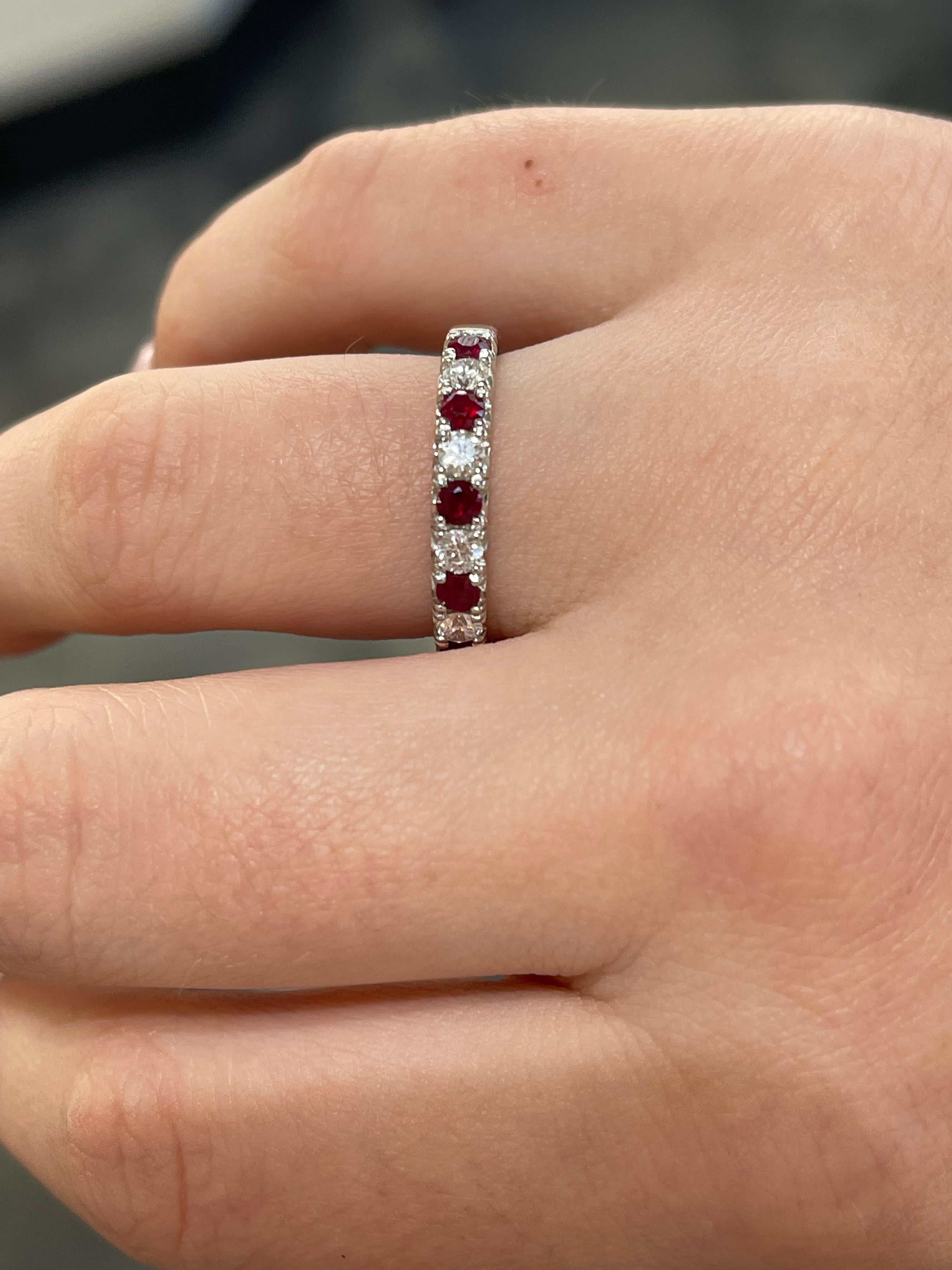 Women's 18K White Gold .31 Round Diamond and .45 Ruby Band  For Sale