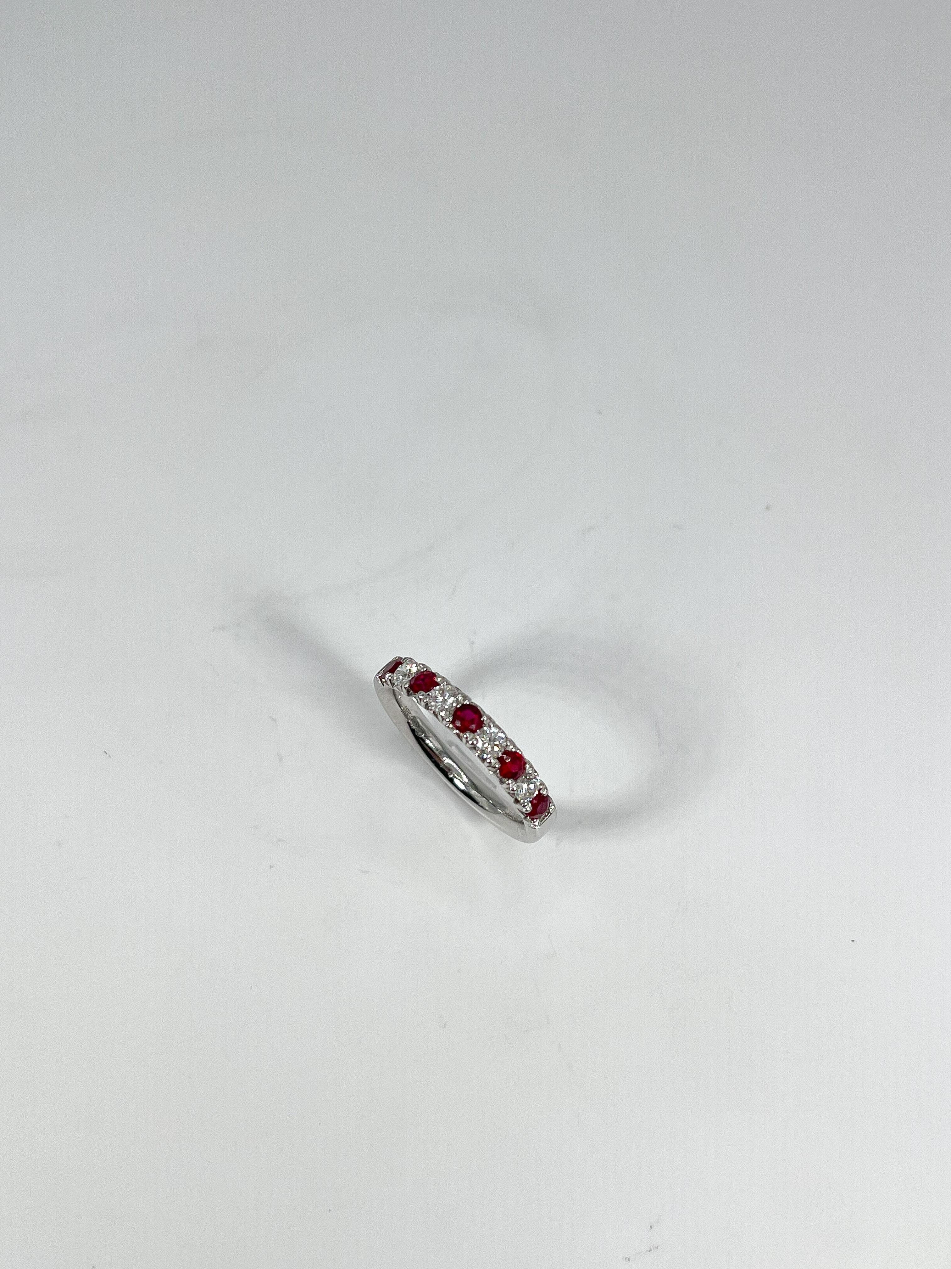 18K White Gold .31 Round Diamond and .45 Ruby Band In Excellent Condition For Sale In Stuart, FL