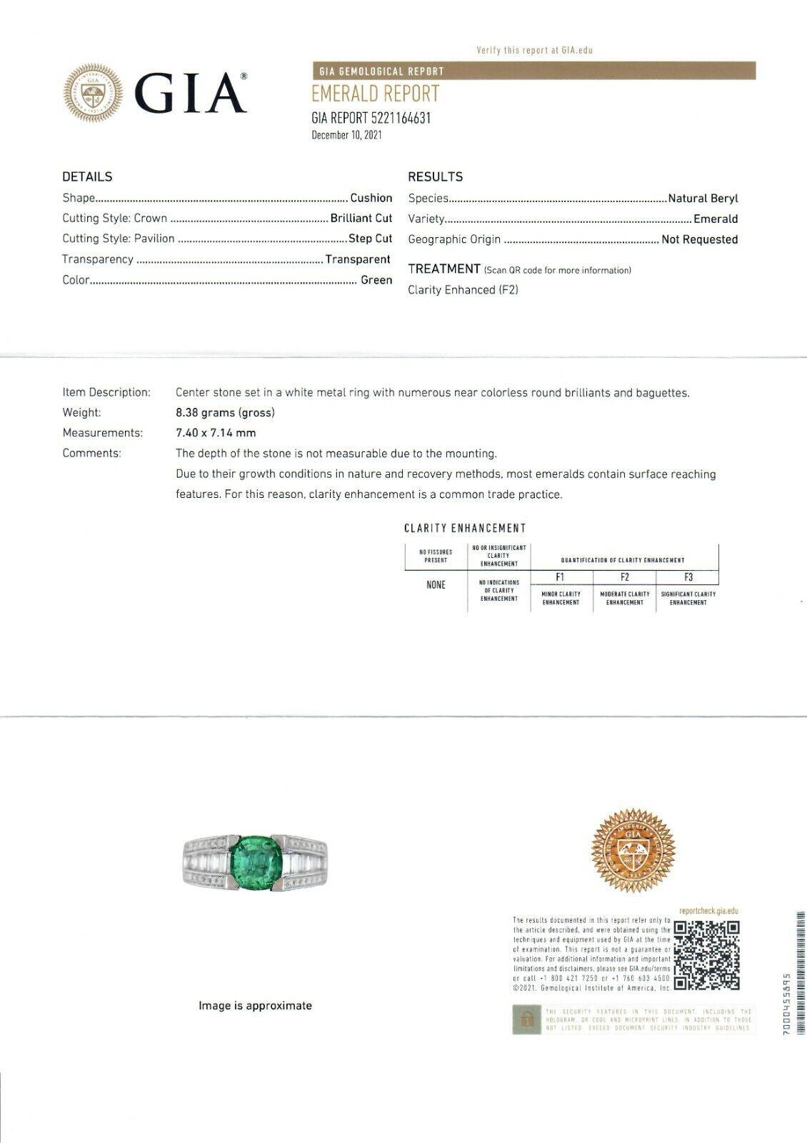 18K White Gold 3.10ctw GIA Cushion Cut Emerald Solitaire & Diamond Cocktail Ring For Sale 8