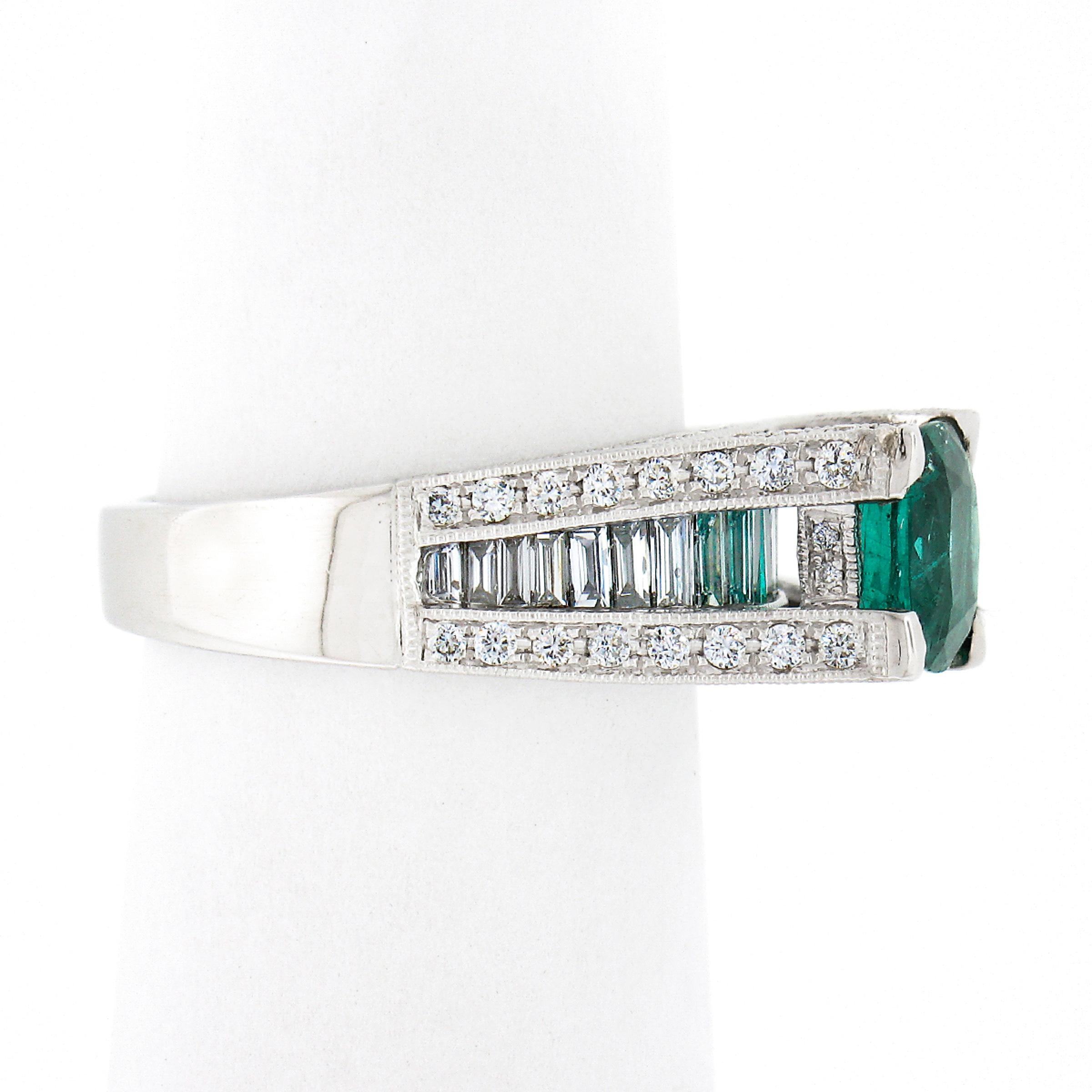 18K White Gold 3.10ctw GIA Cushion Cut Emerald Solitaire & Diamond Cocktail Ring In Excellent Condition For Sale In Montclair, NJ