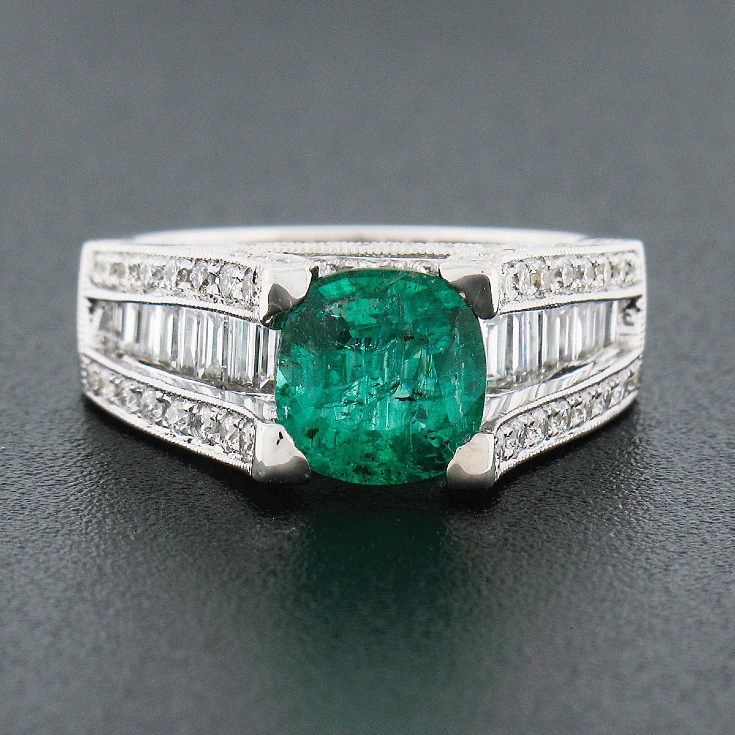 18K White Gold 3.10ctw GIA Cushion Cut Emerald Solitaire & Diamond Cocktail Ring For Sale 1