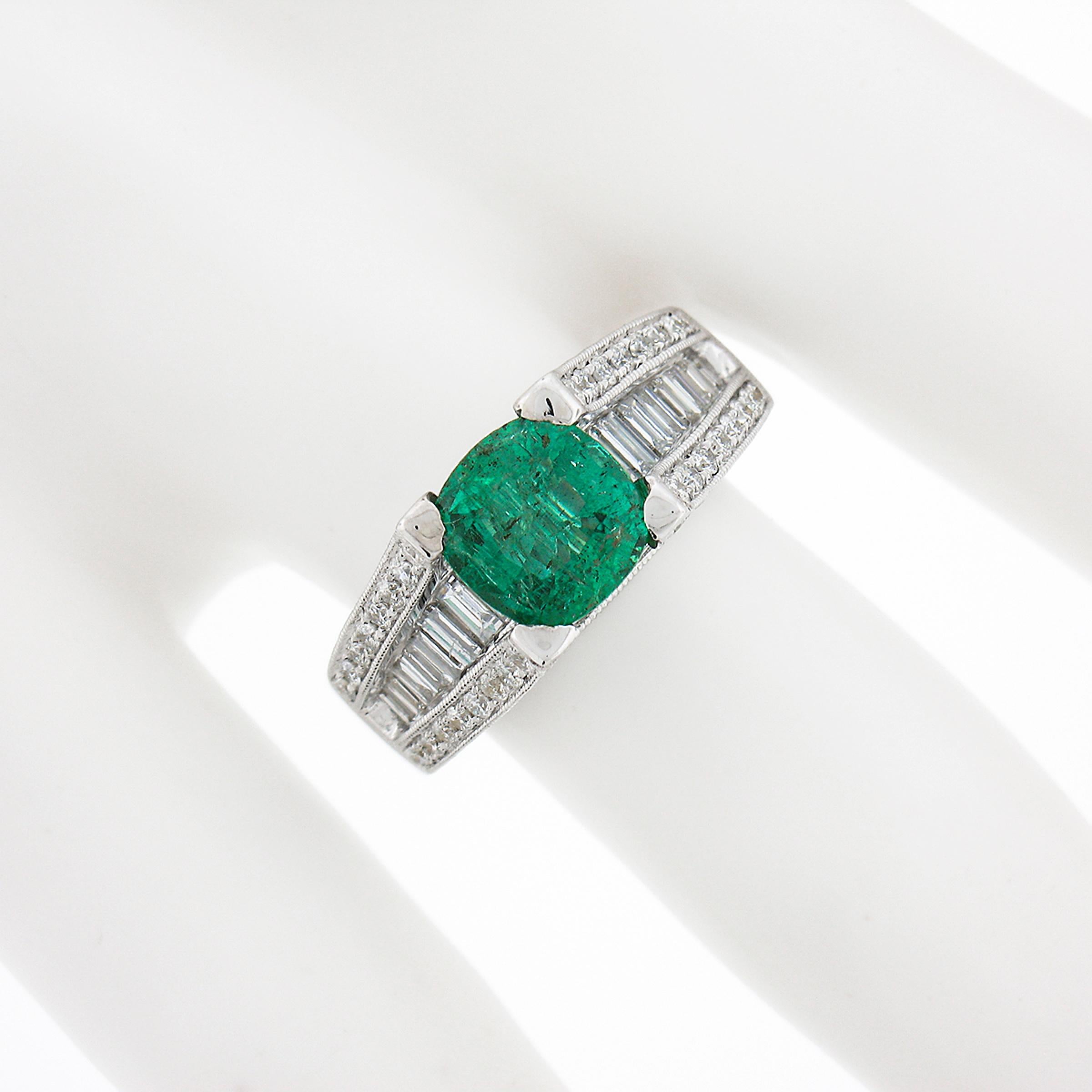 18K White Gold 3.10ctw GIA Cushion Cut Emerald Solitaire & Diamond Cocktail Ring For Sale 2